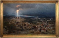 Spectaculaire peinture à l'huile italienne du 19ème siècle représentant Jérusalem et la crucifixion
