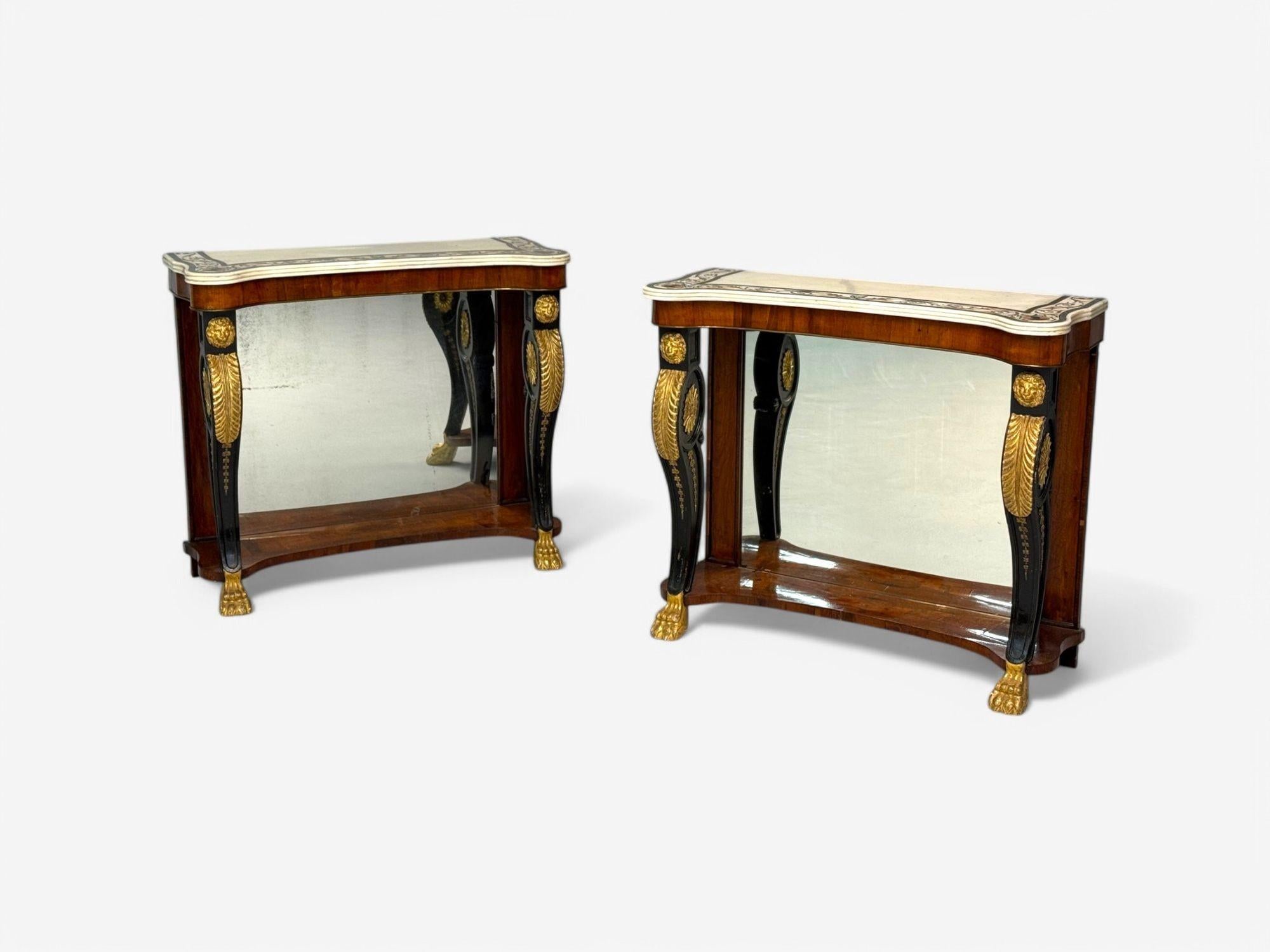 Pietto Bossi attr, Scagliola Marble, Giltwood, Mirrored Consoles, Italy, 18th c

A pair of rare and important 18th-century Italian consoles attributed to Pietto Bossi. Each features a Scagliola-inlaid Carrara marble top, with ebonized and