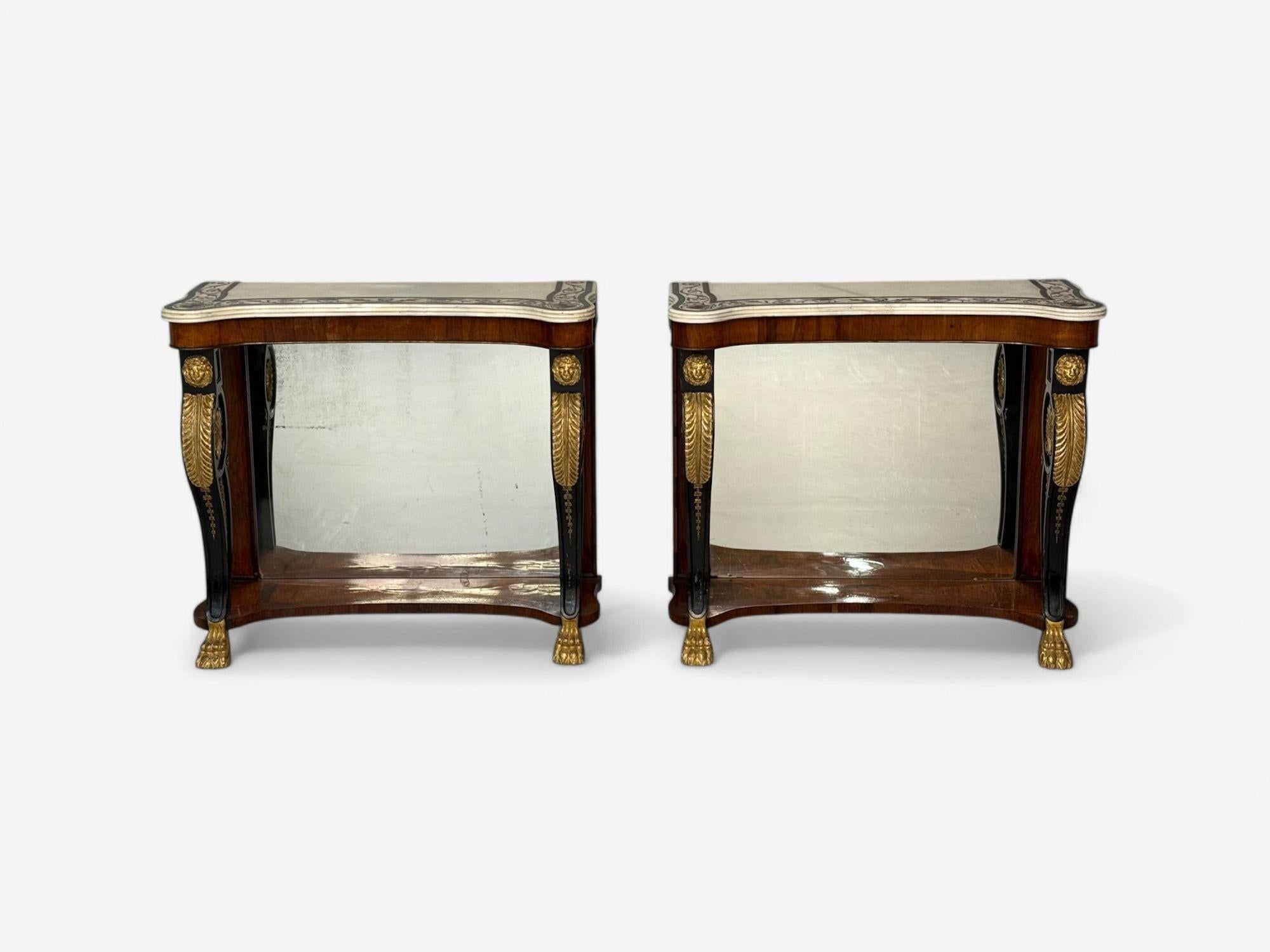 Italian Pietto Bossi attr, Scagliola Marble, Giltwood, Mirrored Consoles, Italy, 18th c For Sale