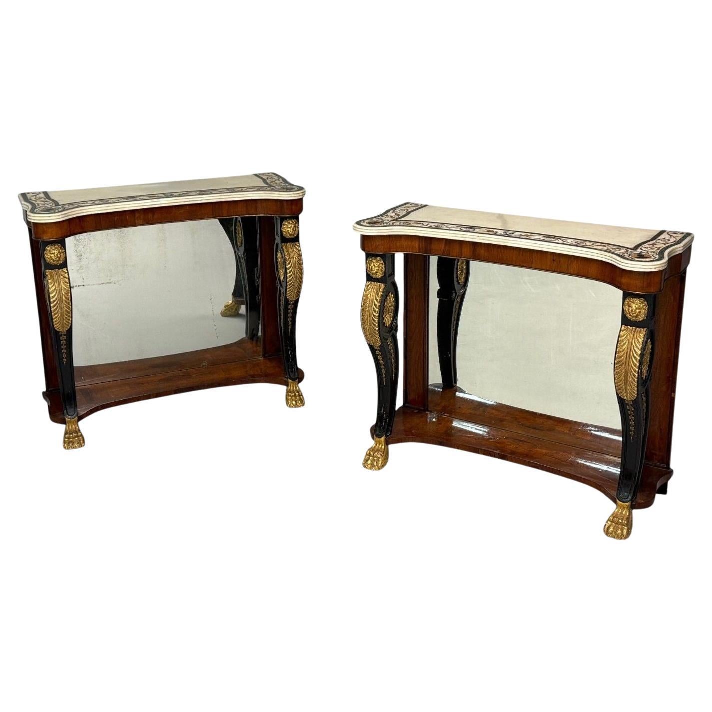 Pietto Bossi attr, Scagliola Marble, Giltwood, Mirrored Consoles, Italy, 18th c For Sale