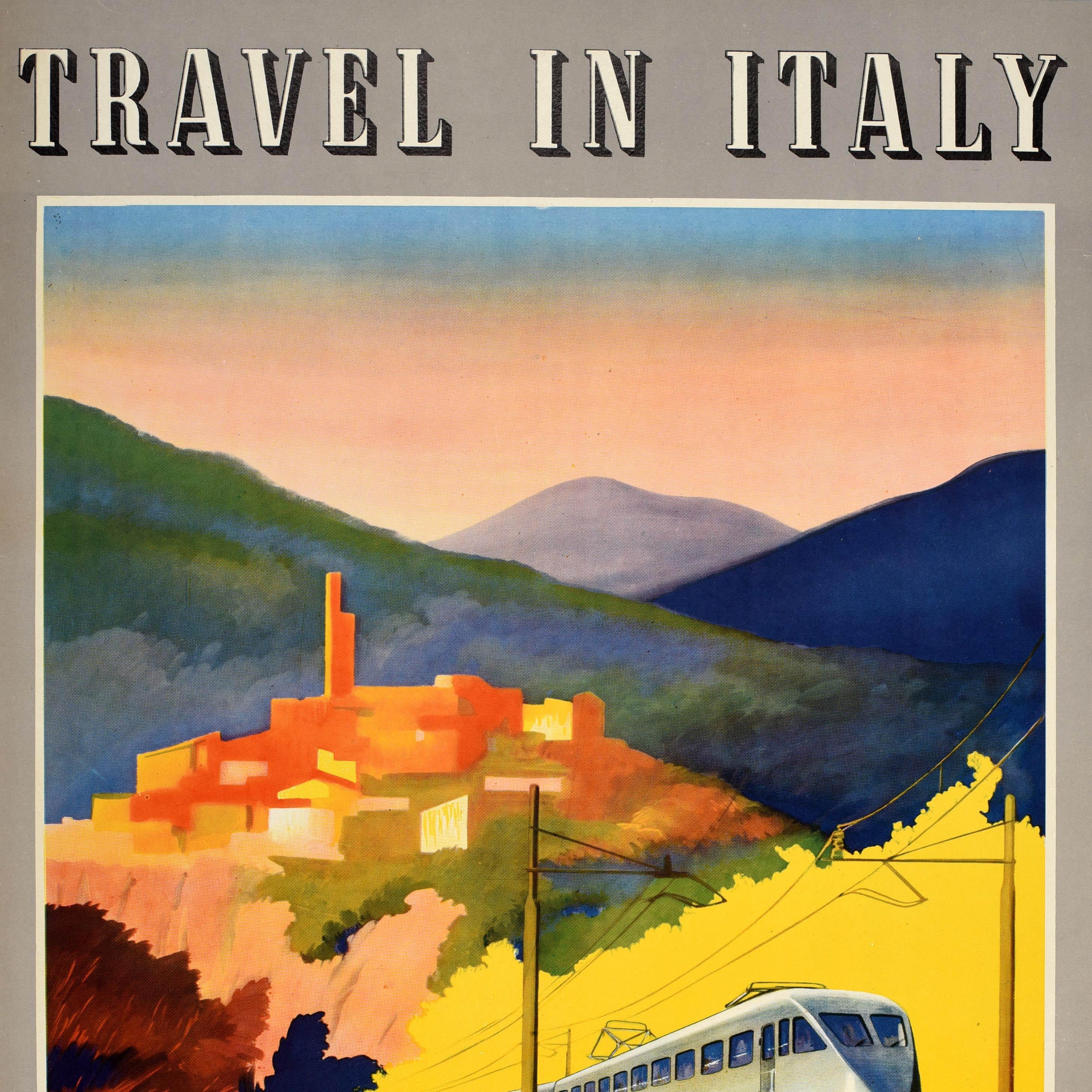Original vintage poster - Travel in Italy The Railways Function Again - featuring colourful artwork depicting a sleek electric train traveling through the Italian countryside with a town on a hill and mountains in the background. Issued by the