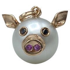 Pig Black Diamond Sapphire 18 Karat Gold Pearl Italian Pendant Necklace