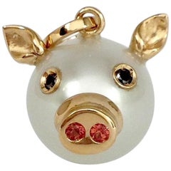 Pig Black Diamond Sapphire 18 Karat Gold Pearl Pendant or Necklace