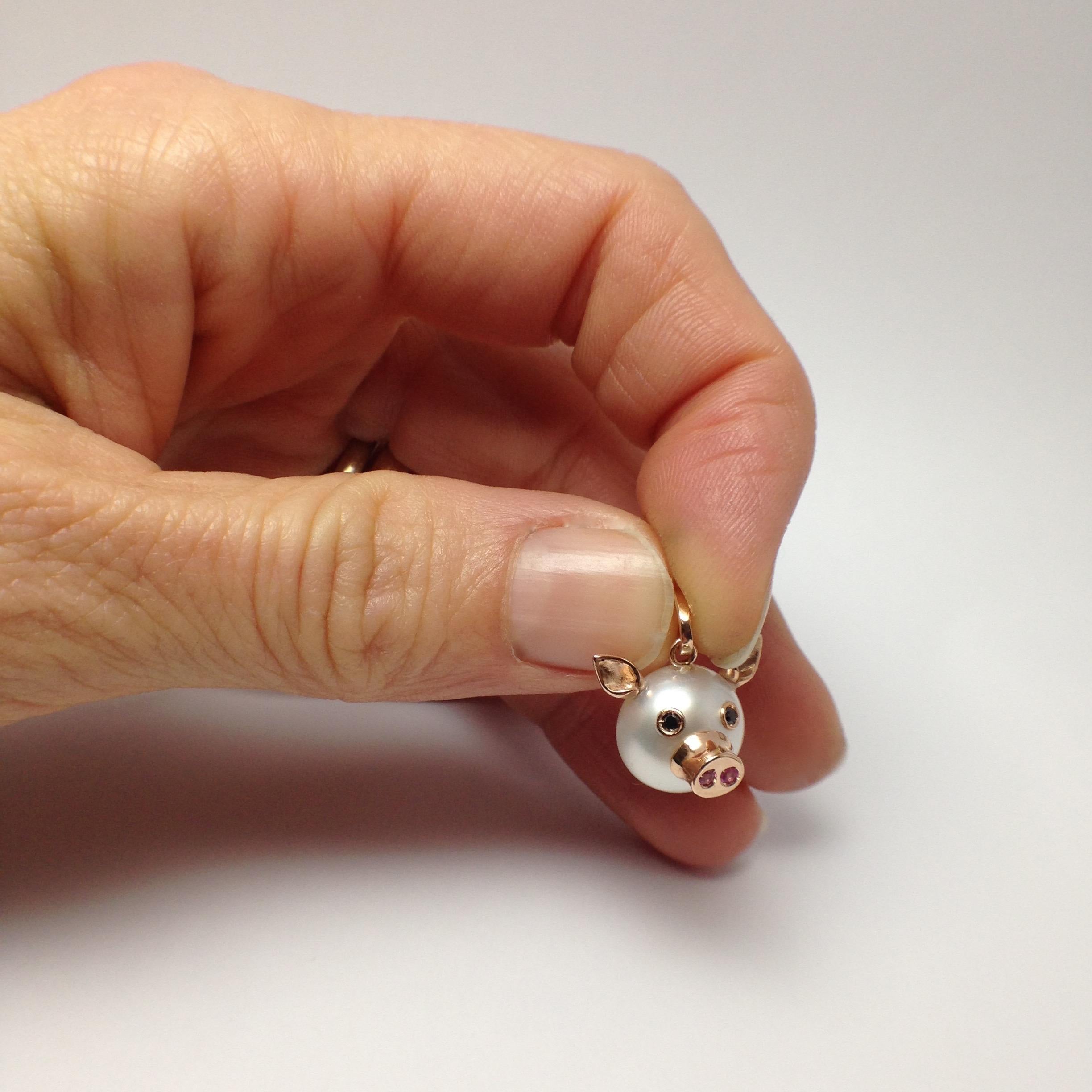 Pig Black Diamond Sapphire 18 Karat Gold Pearl Italian Pendant Necklace 7