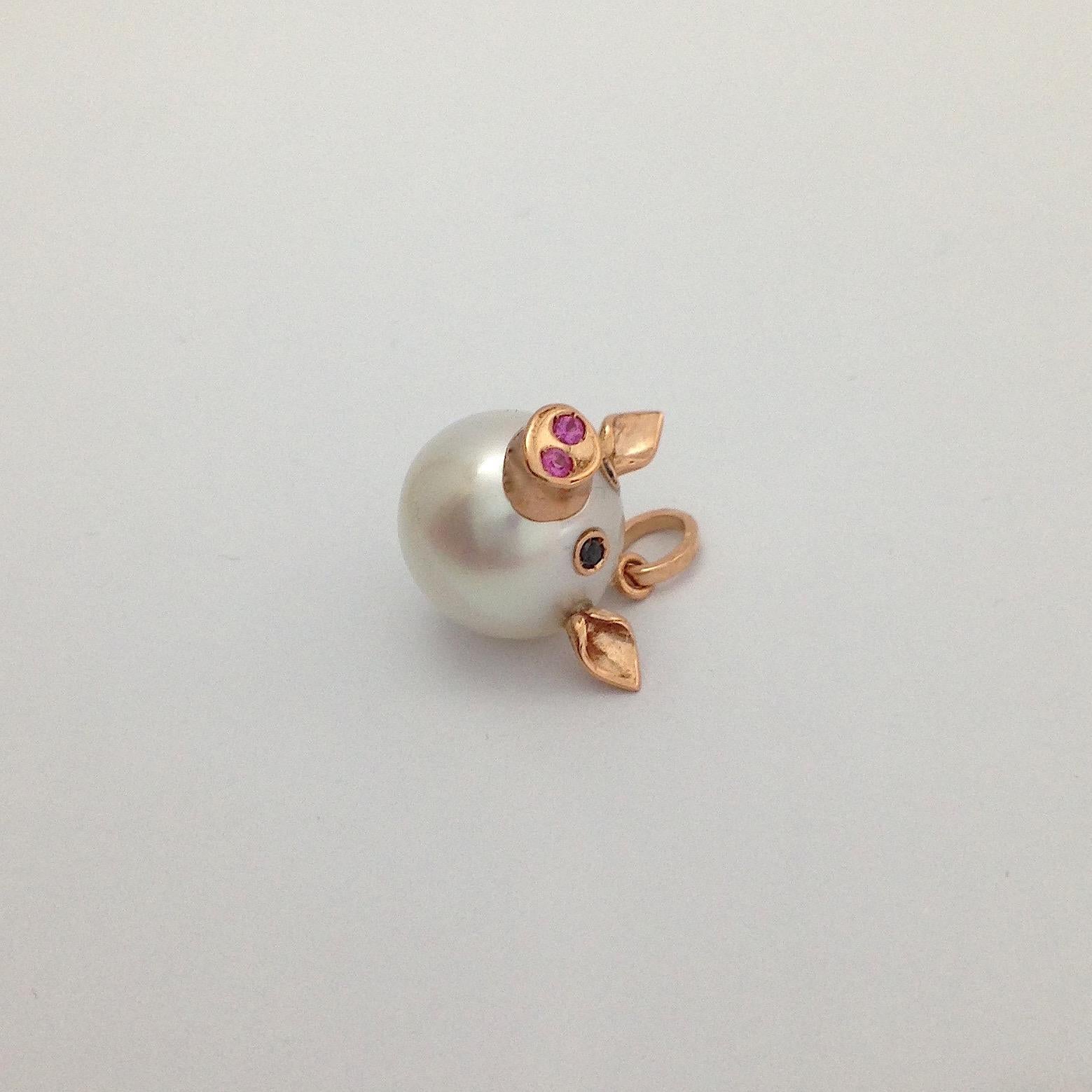 Contemporary Pig Black Diamond Sapphire 18 Karat Gold Pearl Italian Pendant Necklace