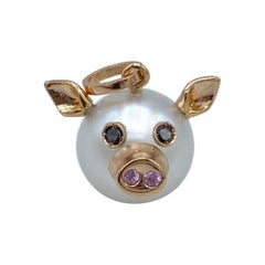 Pig Black Diamond Sapphire 18kt Gold Pearl Pendant Necklace or Charm