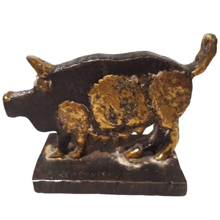Iron with bronze pig by Pal Kepenyes. Signed on base.

A sculptor from Hungary who was nationalized Mexican, Pal Kepenyes resides in Acapulco where he has a studio. In his sculptures we can appreciate romantic, ludic and social representations of