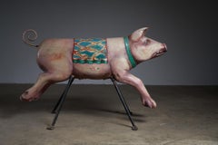 Pig Carved Wooden Carousel Figure: Antique