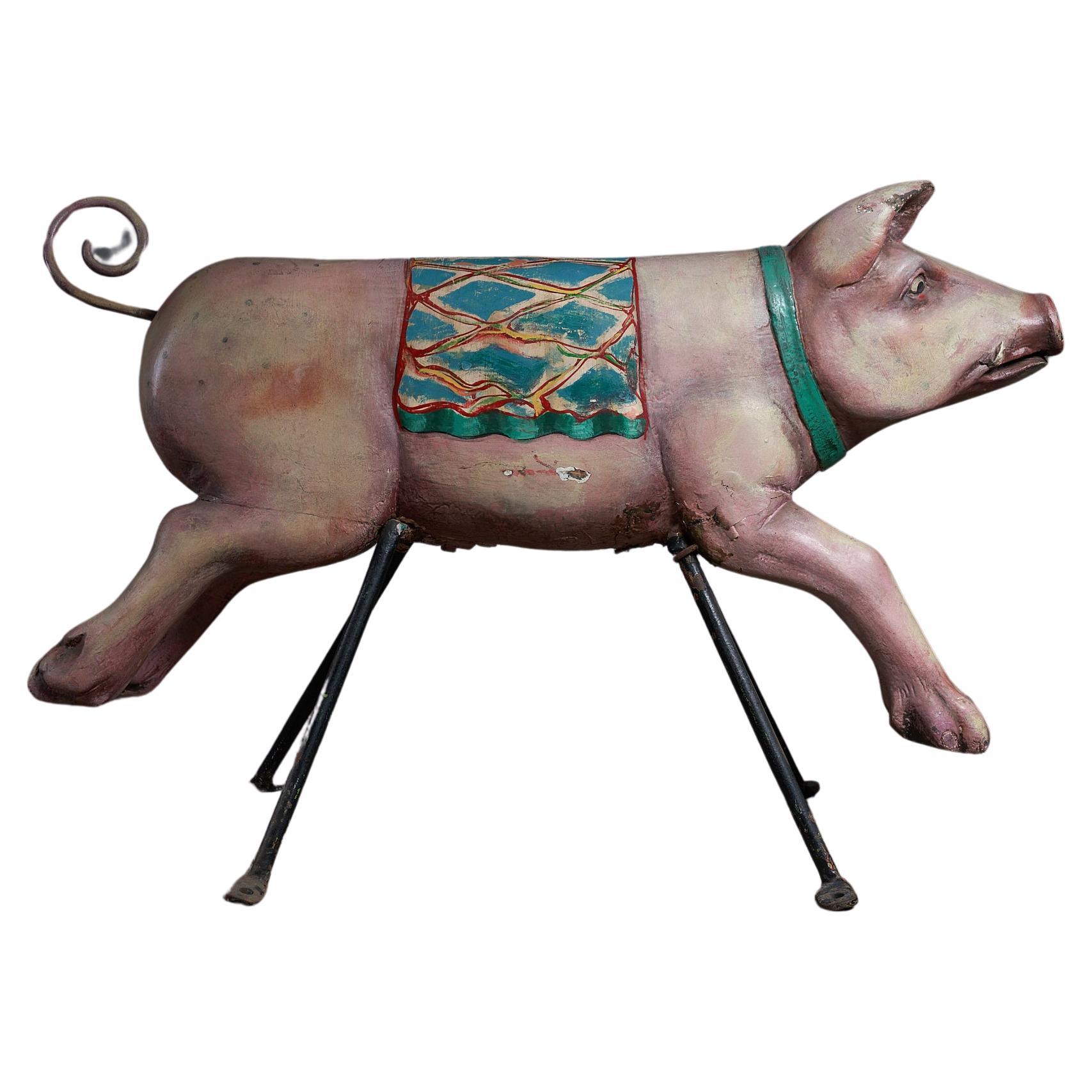 Pig Carved Wooden Carousel Figure: Antique