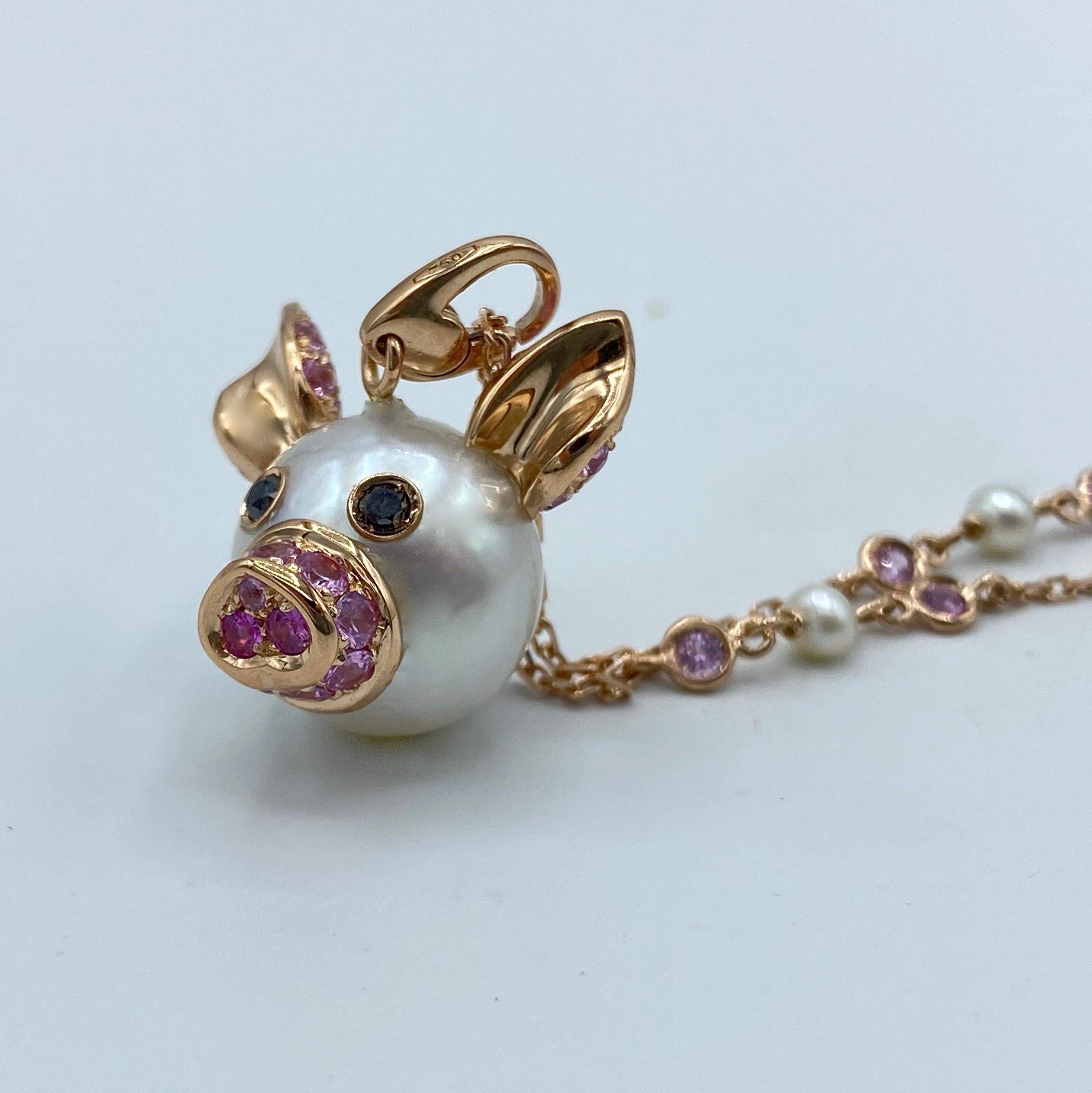 Pig Diamond Sapphire 18 Karat Red Gold Pearl Pendant Necklace and Charm 2