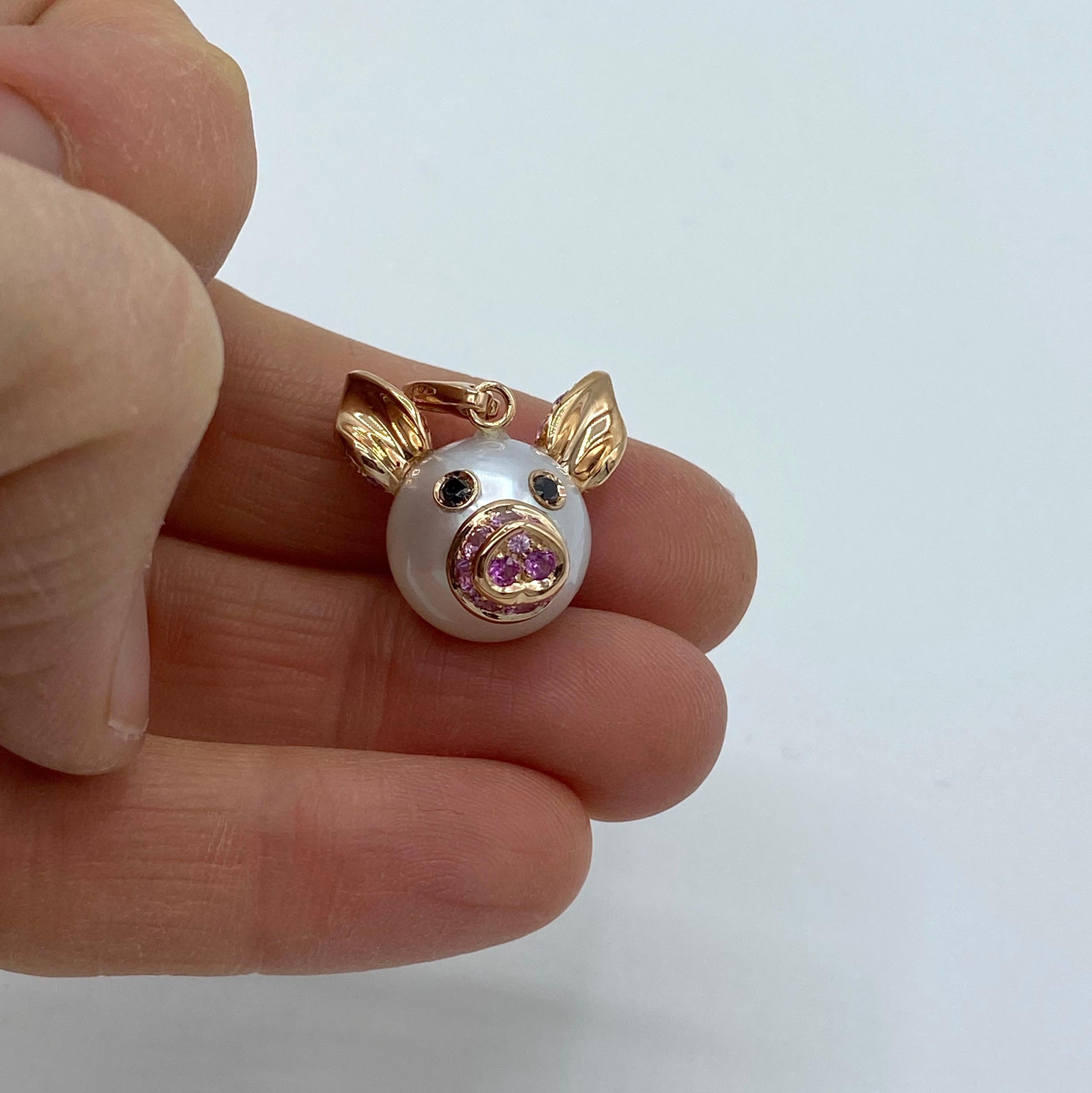 Pig Diamond Sapphire 18 Karat Red Gold Pearl Pendant Necklace and Charm 3
