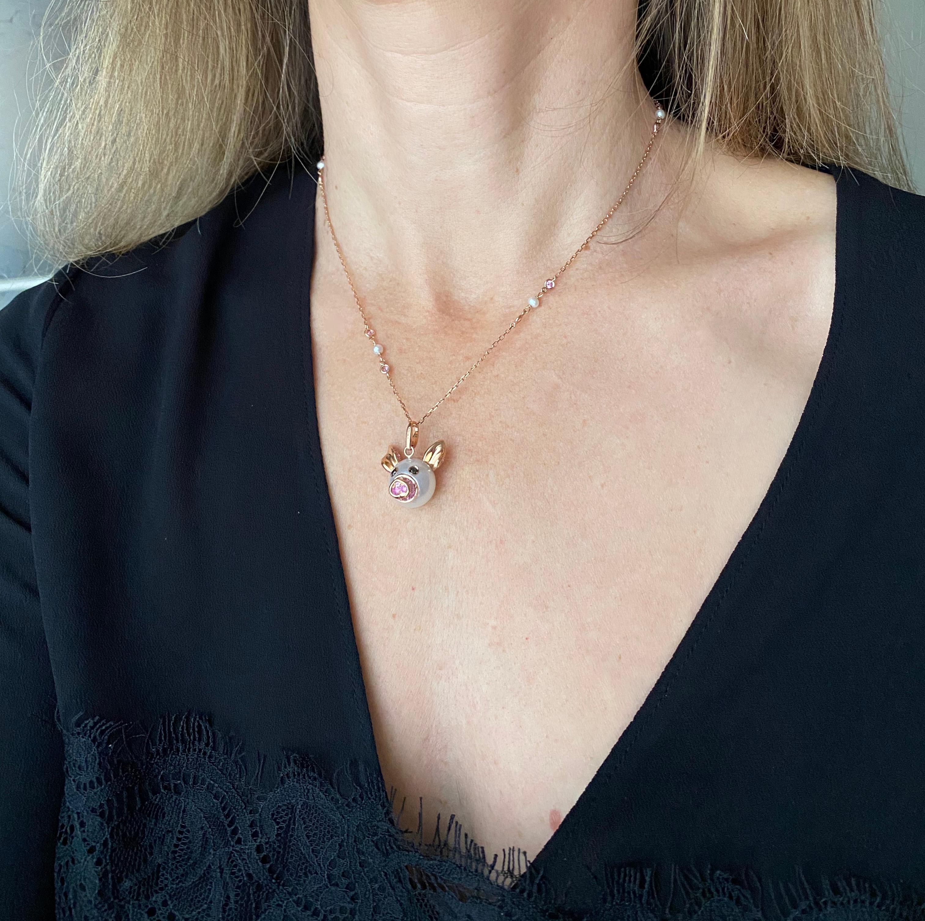 Pig Diamond Sapphire 18 Karat Red Gold Pearl Pendant Necklace and Charm 4