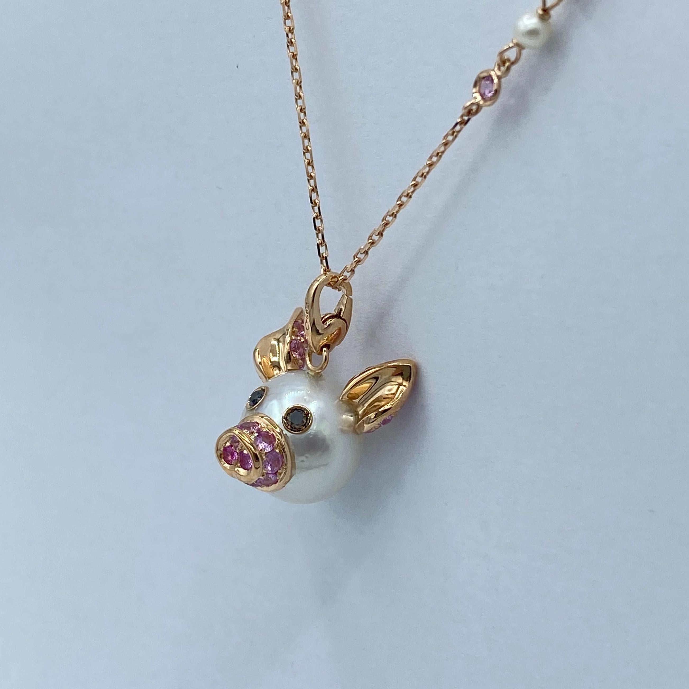Artisan Pig Diamond Sapphire 18 Karat Red Gold Pearl Pendant Necklace and Charm