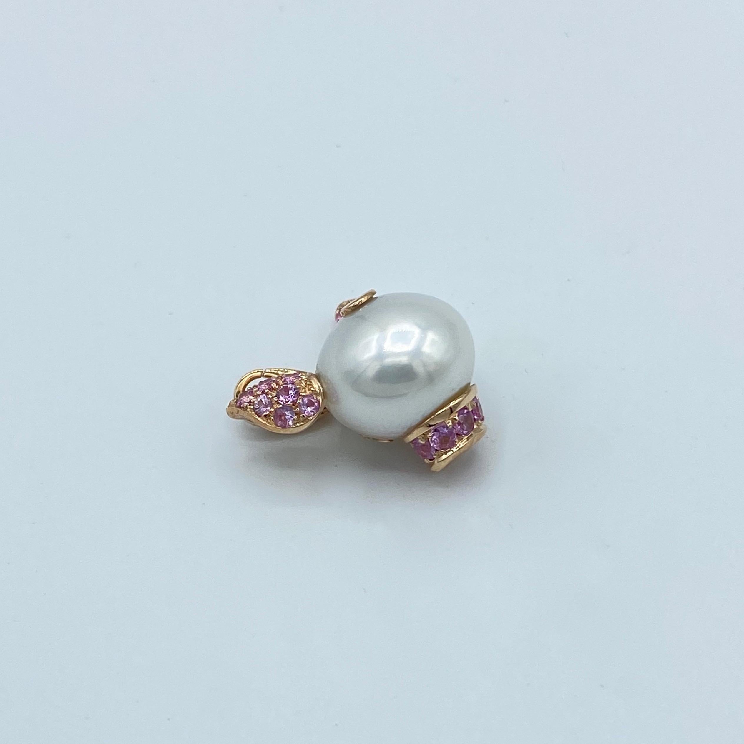 Women's Pig Diamond Sapphire 18 Karat Red Gold Pearl Pendant Necklace and Charm