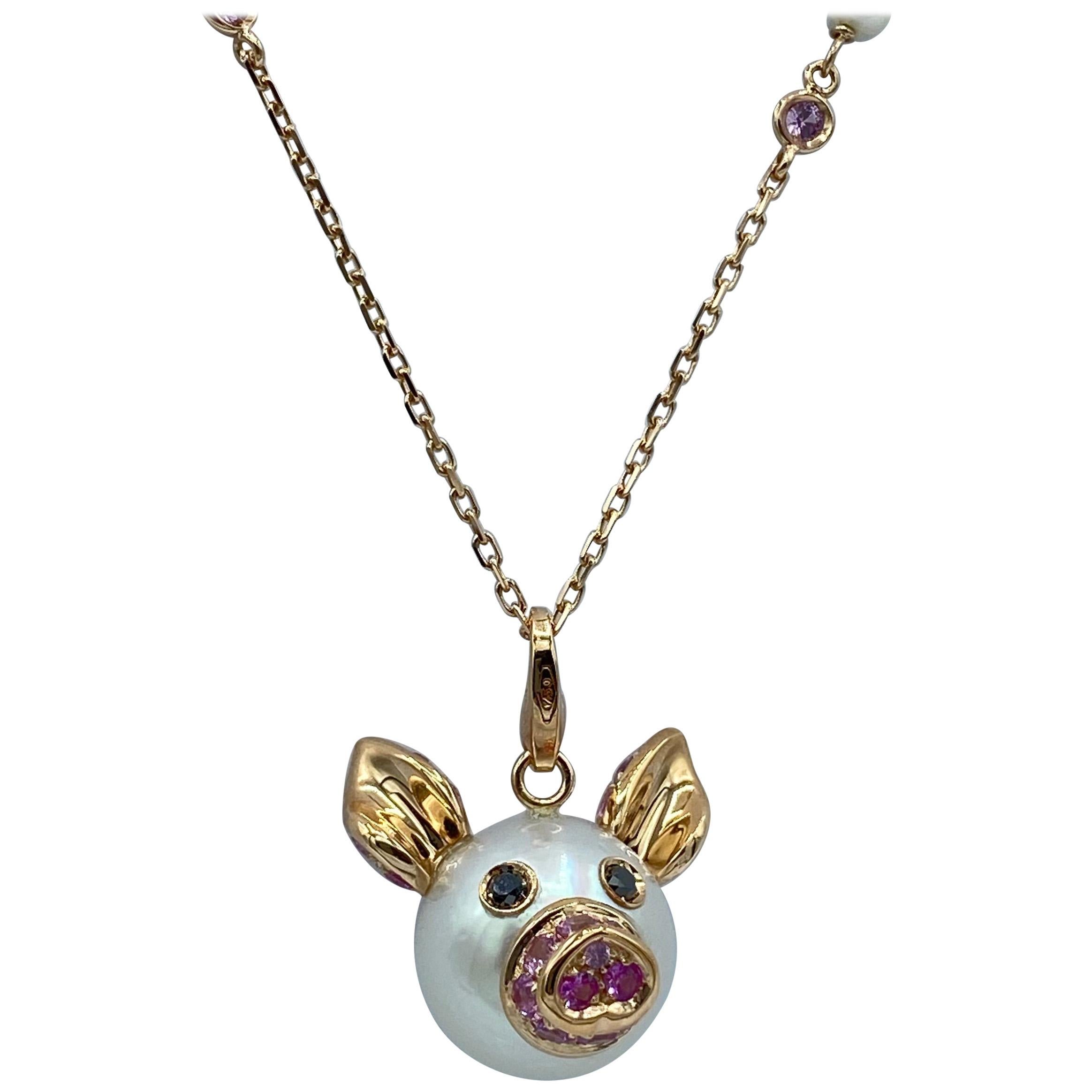 Pig Diamond Sapphire 18 Karat Red Gold Pearl Pendant Necklace and Charm