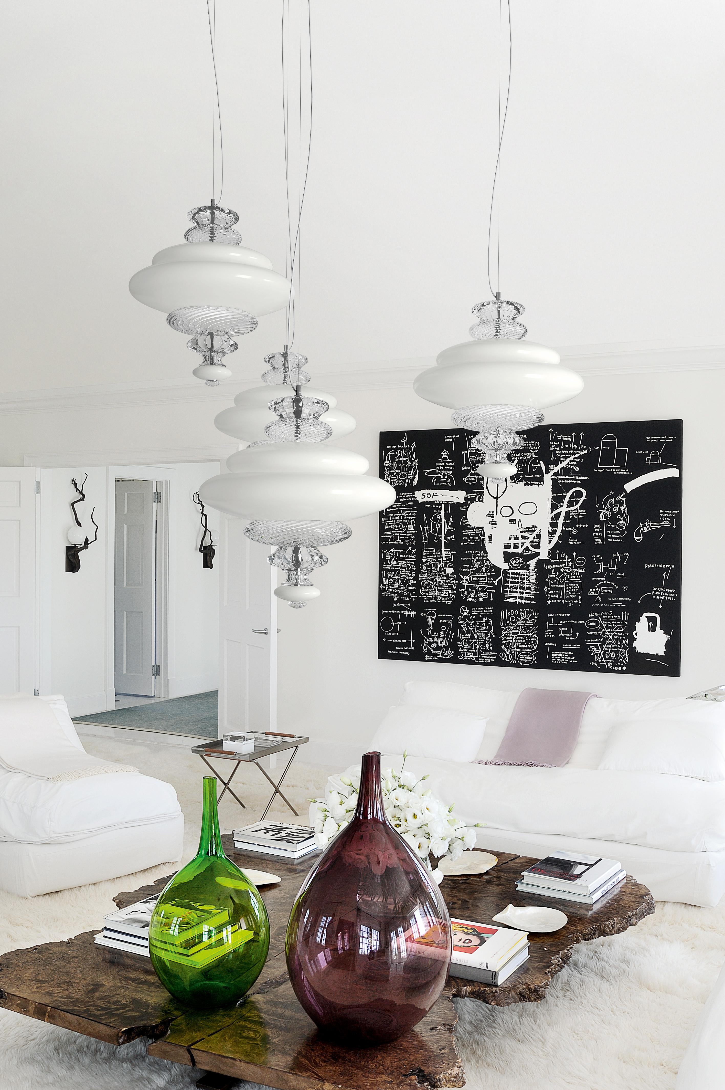 Contemporary Pigalle 5692 Suspension Lamp in White/Crystal Glass, by Barovier&Toso