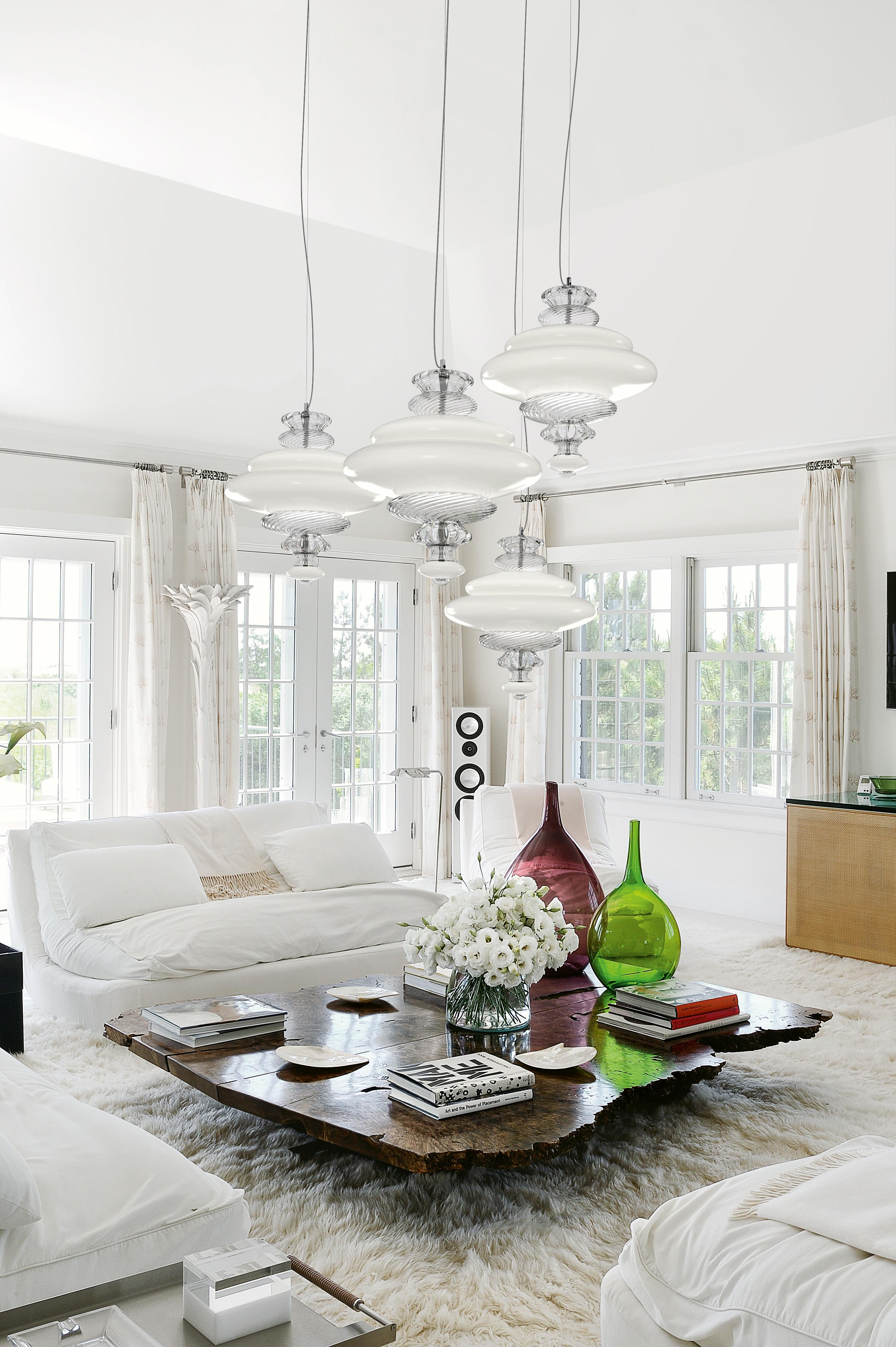 Blown Glass Pigalle 5692 Suspension Lamp in White/Crystal Glass, by Barovier&Toso