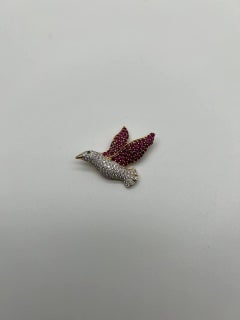 Pigeon Bird Peace Red Pink Ruby Rubies Diamonds Pave 14K Gold Pin Brooch