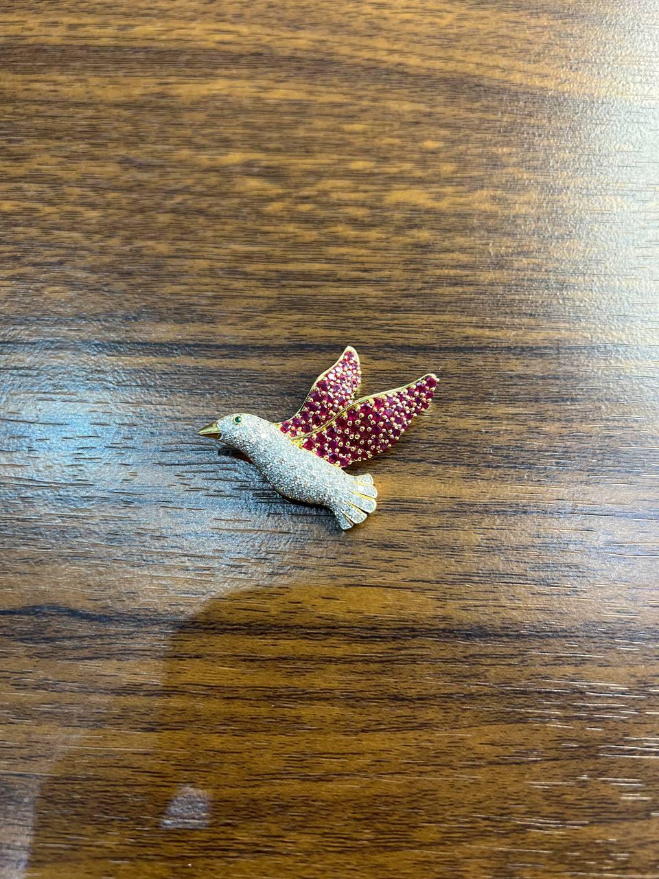 Pigeon Bird Peace Red Pink Ruby Rubies Diamonds Pave 14K Gold Pin Brooch For Sale 1