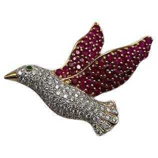 Pigeon Bird Peace Red Pink Ruby Rubies Diamonds Pave 14K Gold Pin Brooch