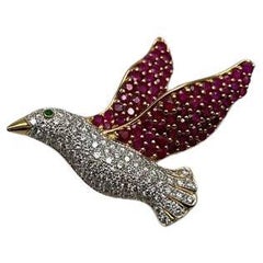Pigeon Bird Peace Red Pink Ruby Rubies Diamonds Pave 14K Gold Pin Brooch