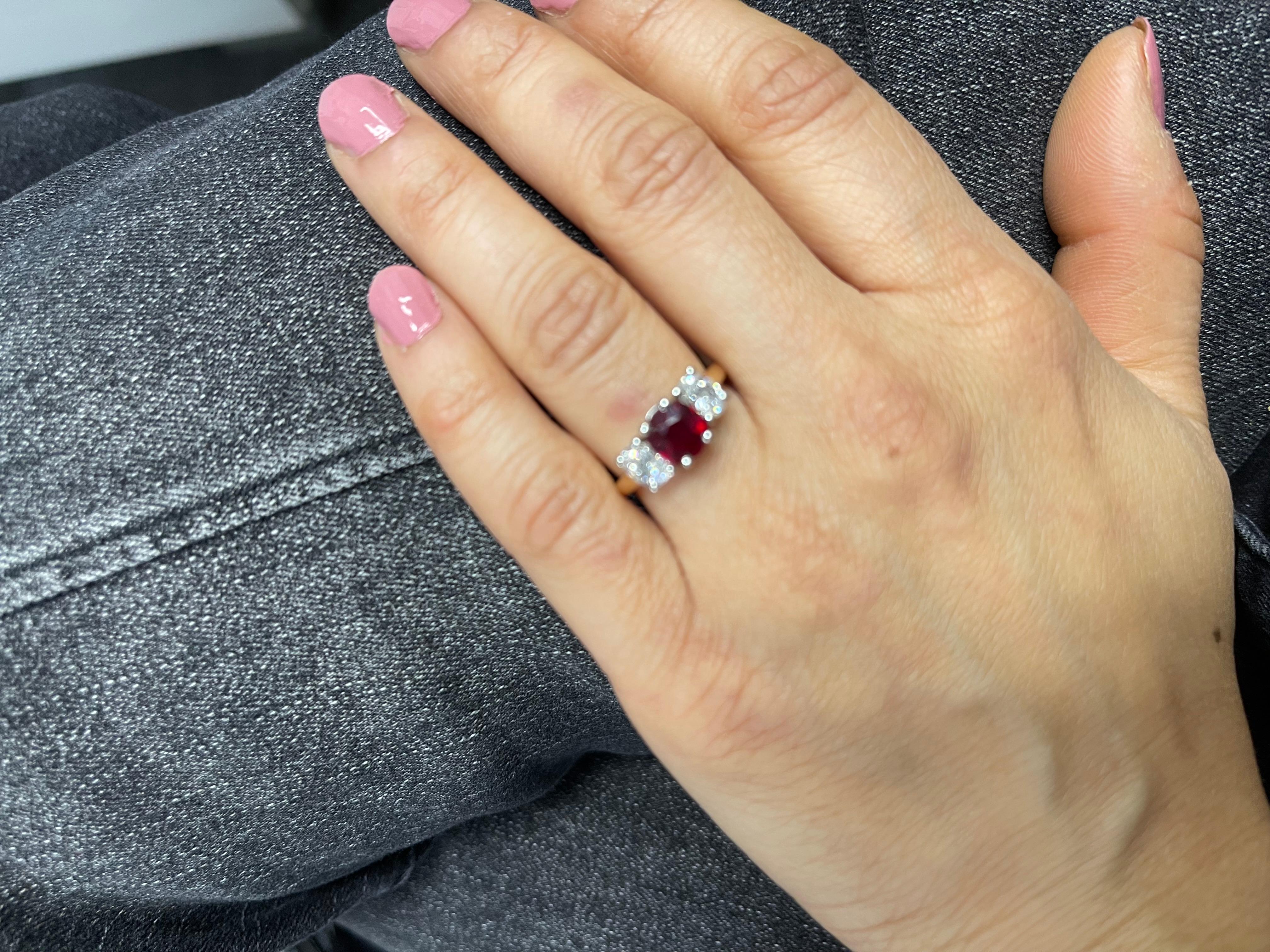 Pigeon Blood Burma No Heat Ruby and Diamond Ring In Yellow and White Ring. 5