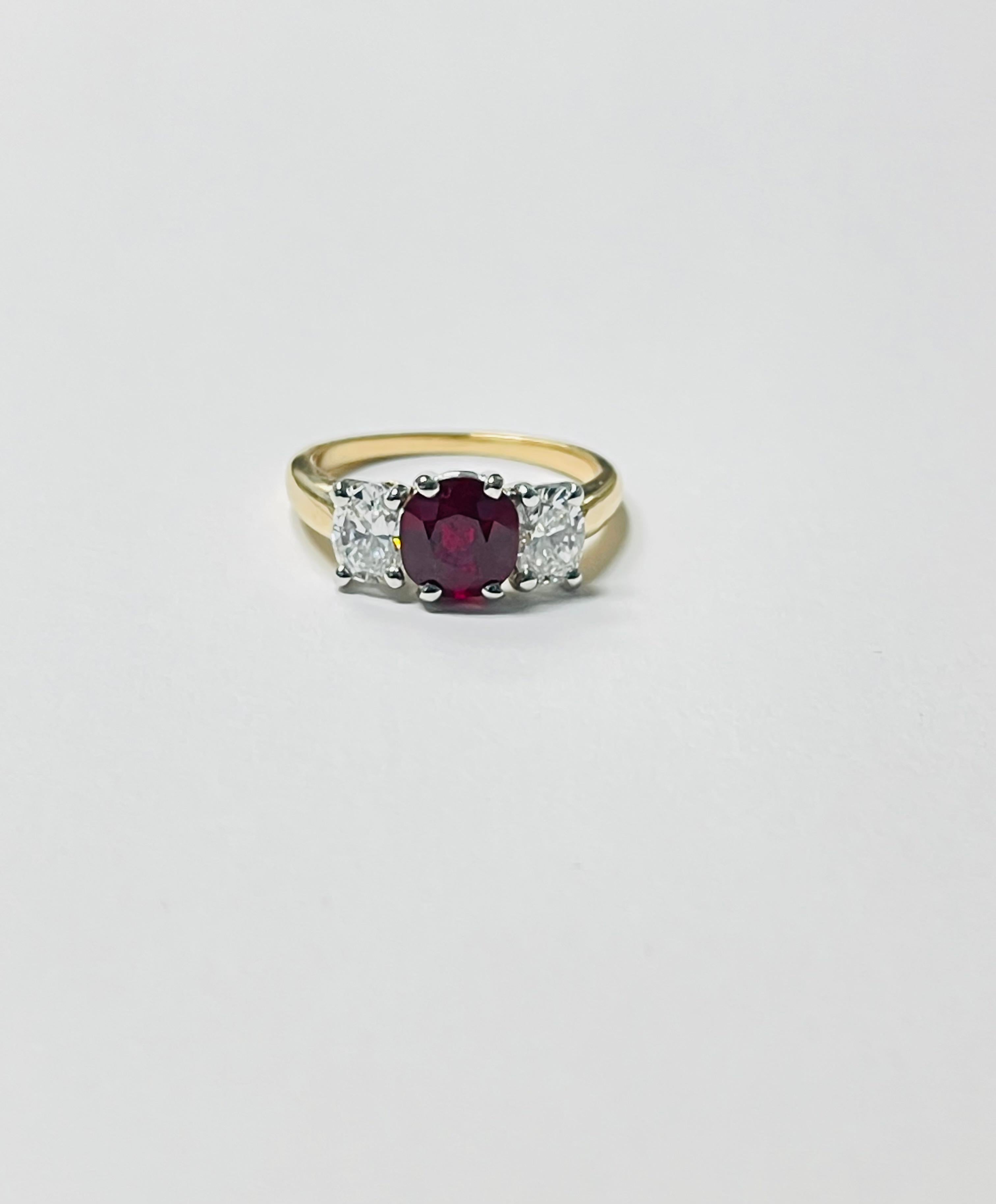 Absolutely Gorgeous Pigeon blood Burma No Heat Ruby and Diamond ring in white and yellow ring. GiA Certified . 

The details are as follows : 
Ruby Weight : 1.42 carats 
Measurements : 6.67X6.34X3.93mm 
Diamond weight : 0.70 carats approximately