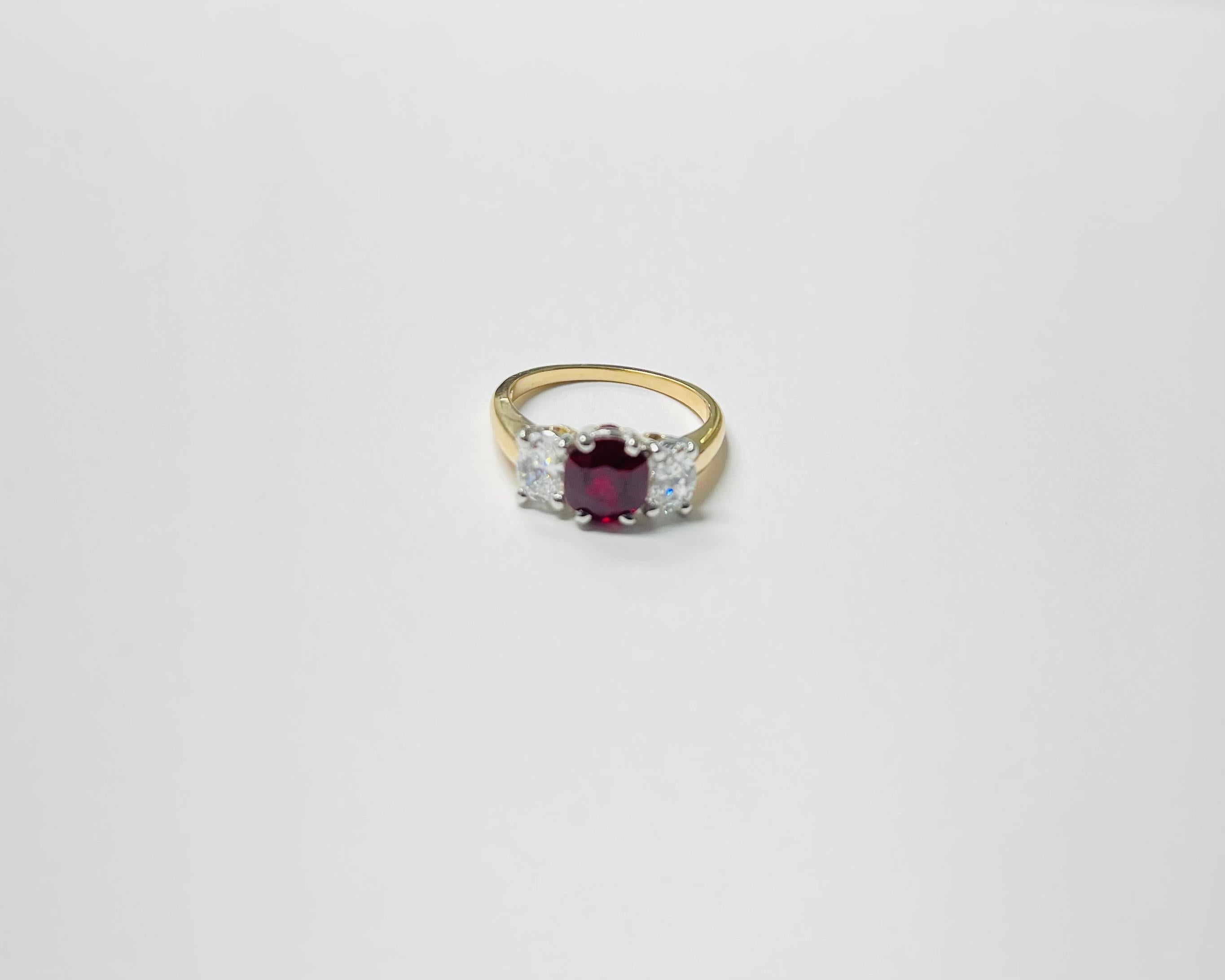 Pigeon Blood Burma No Heat Ruby and Diamond Ring In Yellow and White Ring. In New Condition In New York, NY