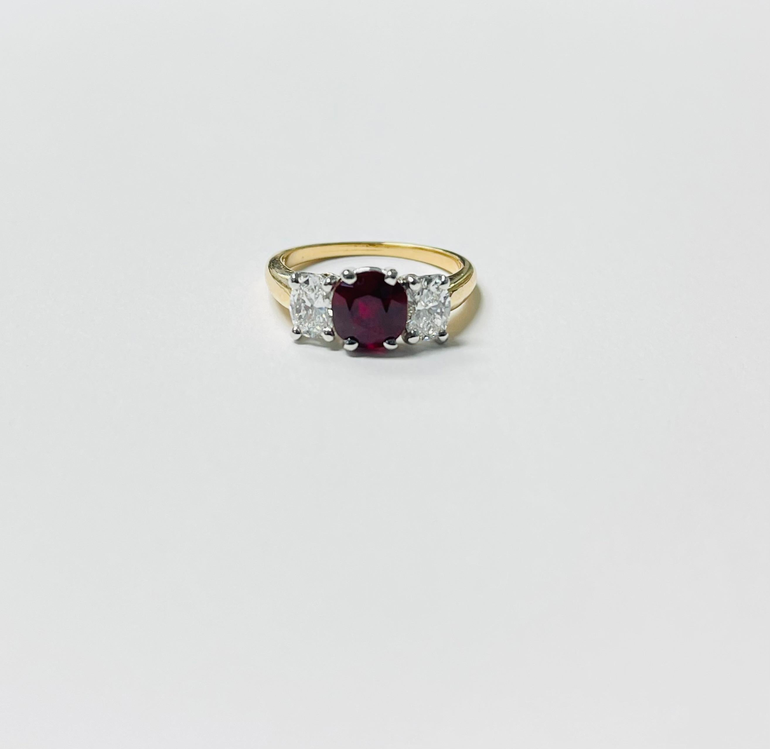 Women's Pigeon Blood Burma No Heat Ruby and Diamond Ring In Yellow and White Ring.