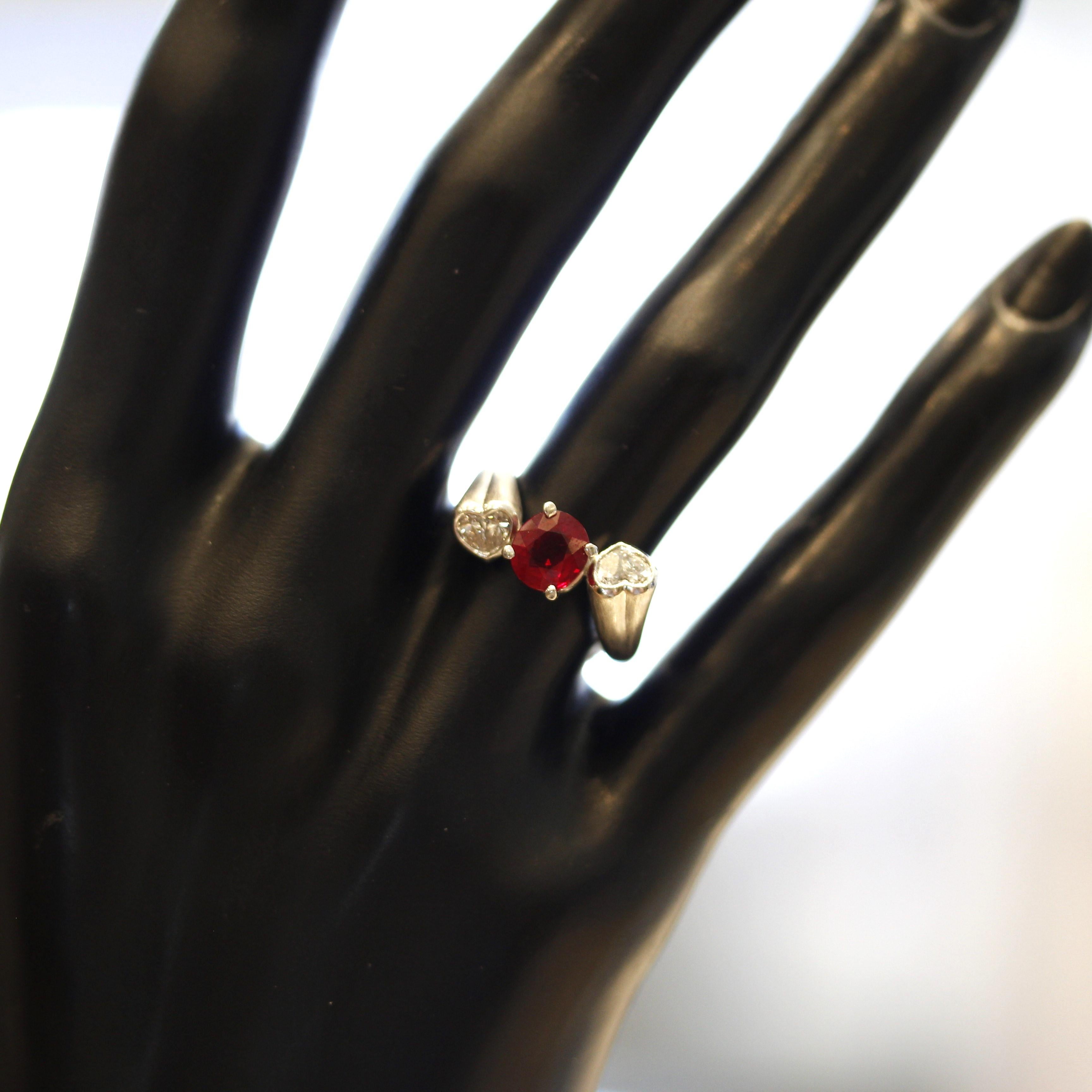 Mixed Cut Pigeon Blood Burmese Ruby Diamond Heart Platinum Ring, GIA Certified For Sale