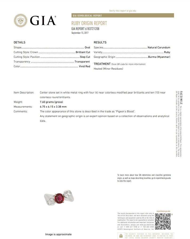 Pigeon Blood Burmese Ruby Diamond Heart Platinum Ring, GIA Certified In New Condition For Sale In Beverly Hills, CA