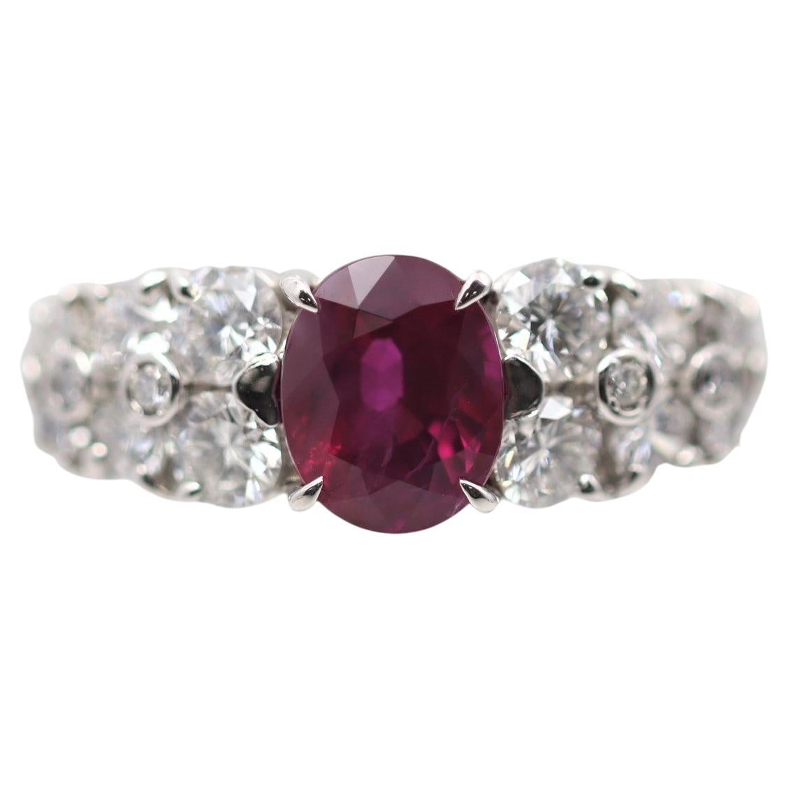 Pigeon Blood Burmese Ruby Diamond Platinum Ring, GRS Certified For Sale