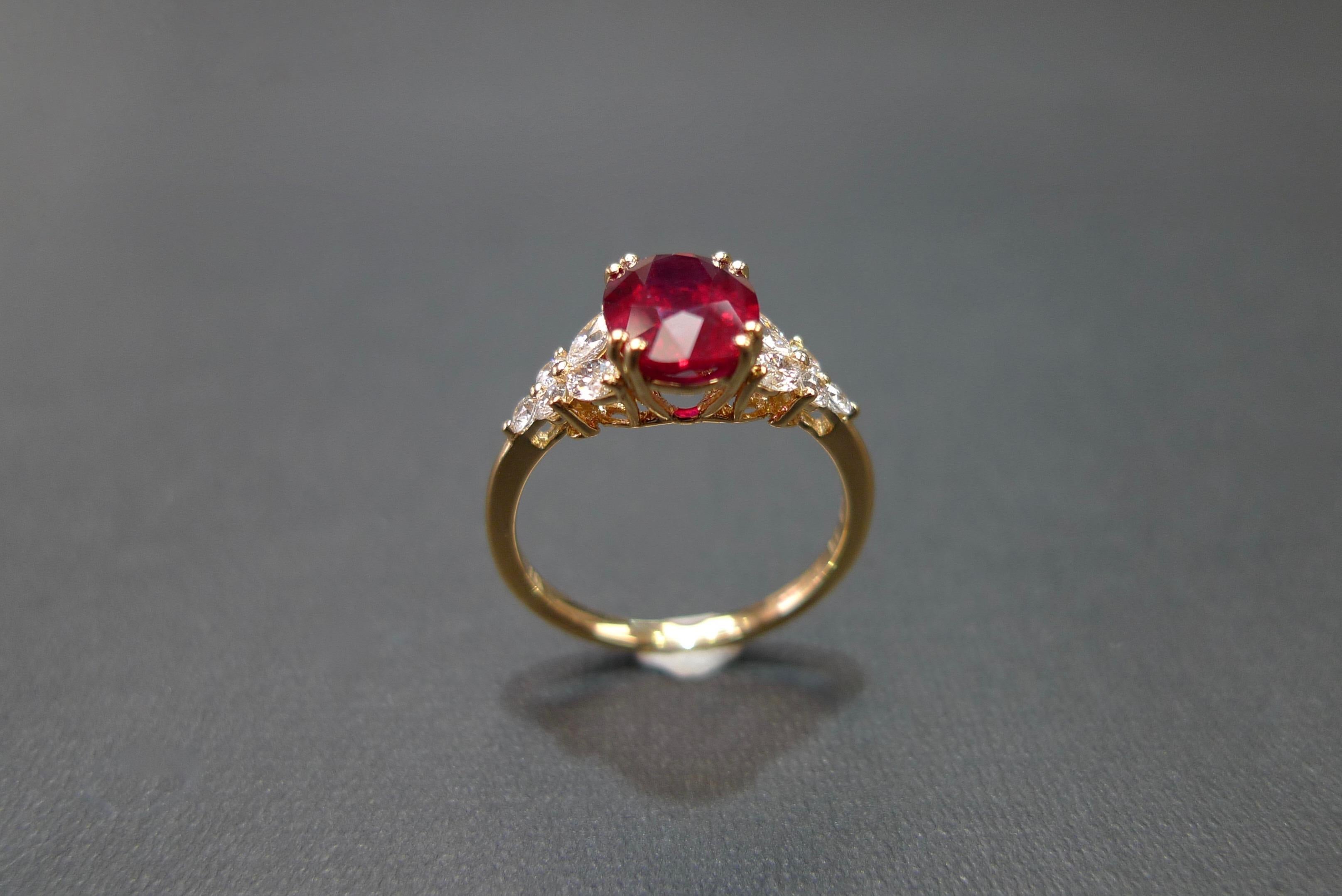 For Sale:  Pigeon Blood Oval Shape Ruby and Marquise Diamonds Engagement Ring Yellow Gold  10
