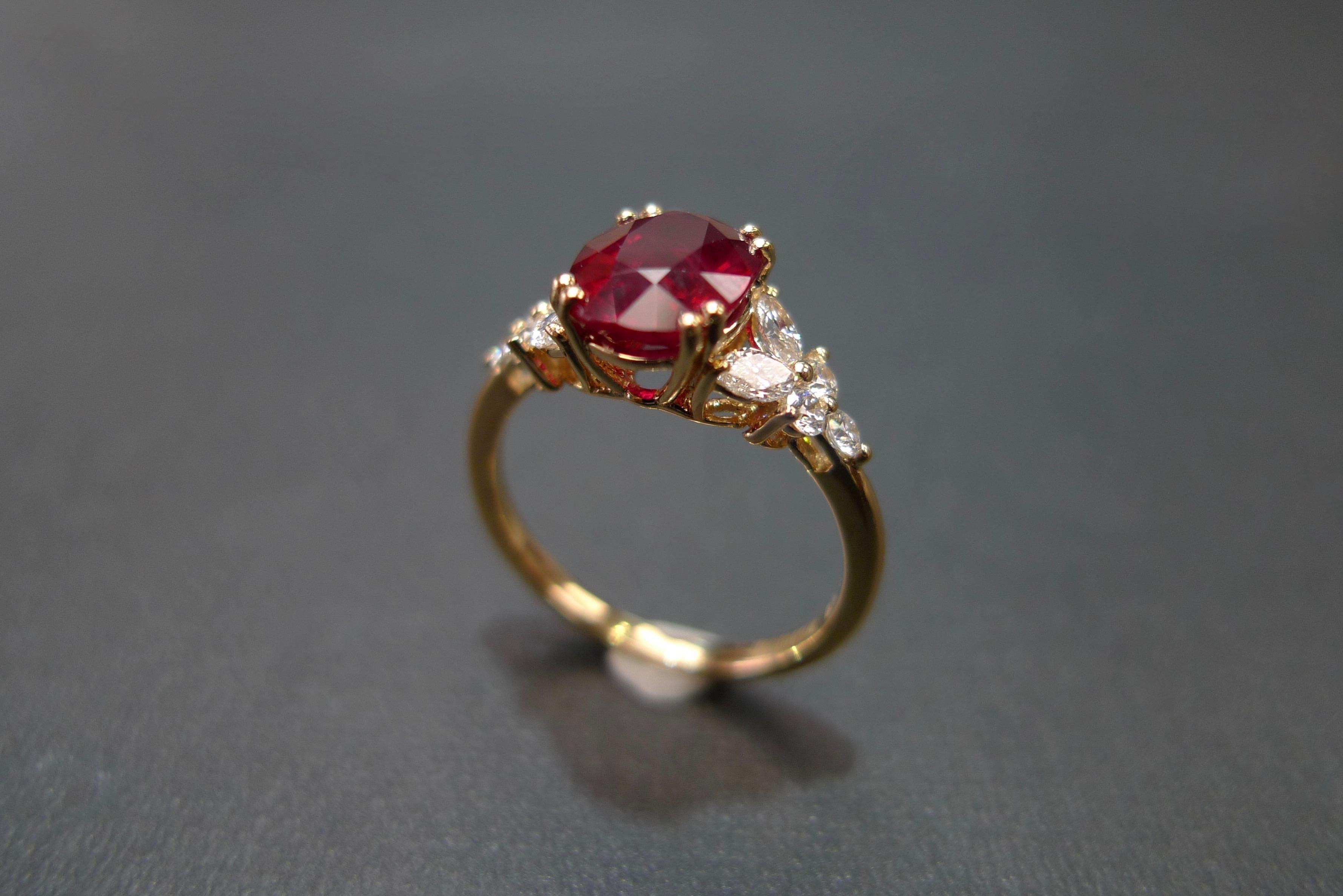 For Sale:  Pigeon Blood Oval Shape Ruby and Marquise Diamonds Engagement Ring Yellow Gold  11