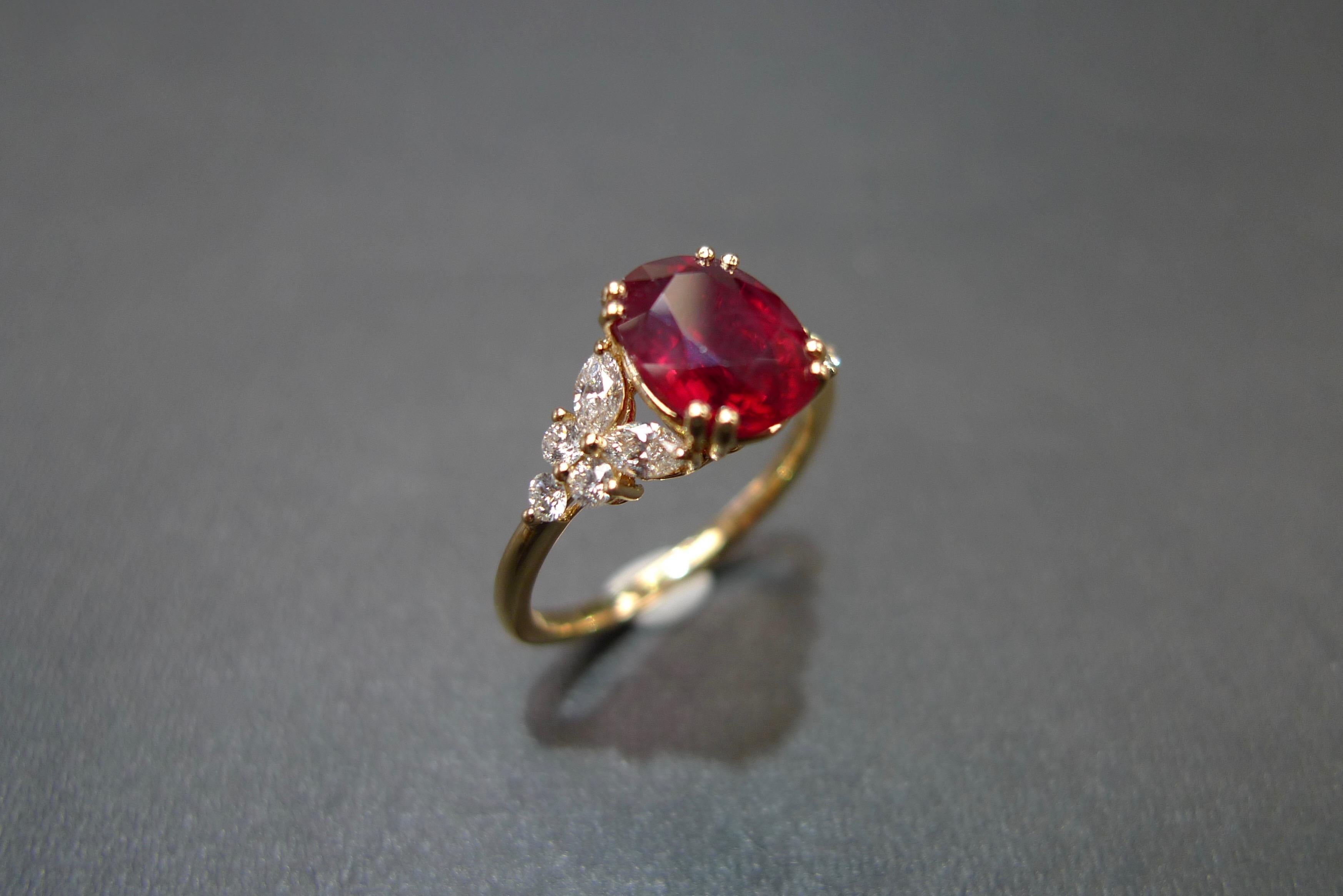 For Sale:  Pigeon Blood Oval Shape Ruby and Marquise Diamonds Engagement Ring Yellow Gold  2