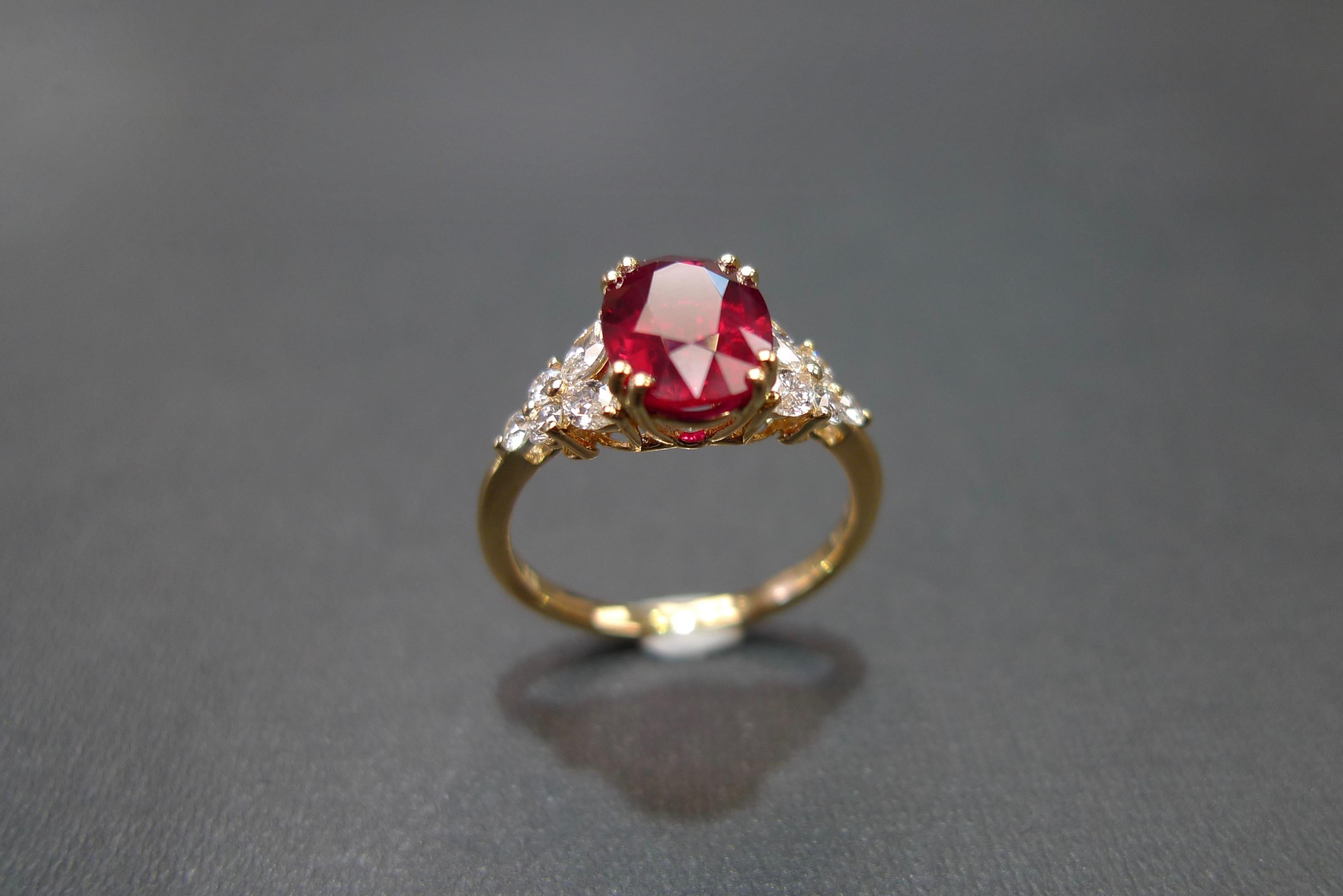For Sale:  Pigeon Blood Oval Shape Ruby and Marquise Diamonds Engagement Ring Yellow Gold  6