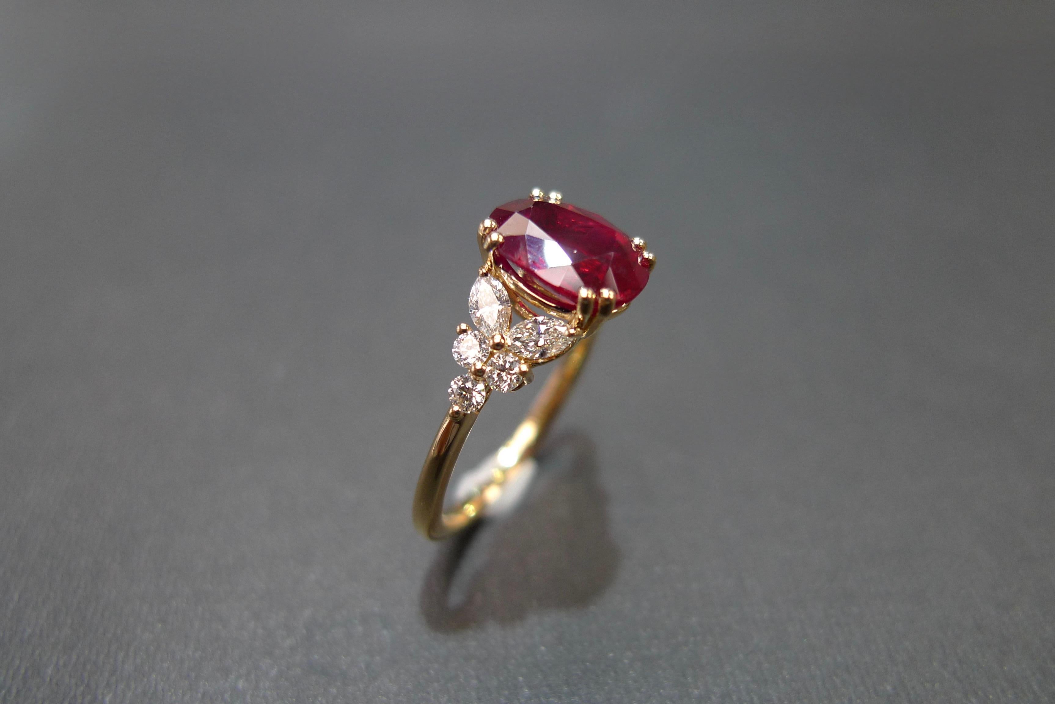 For Sale:  Pigeon Blood Oval Shape Ruby and Marquise Diamonds Engagement Ring Yellow Gold  7