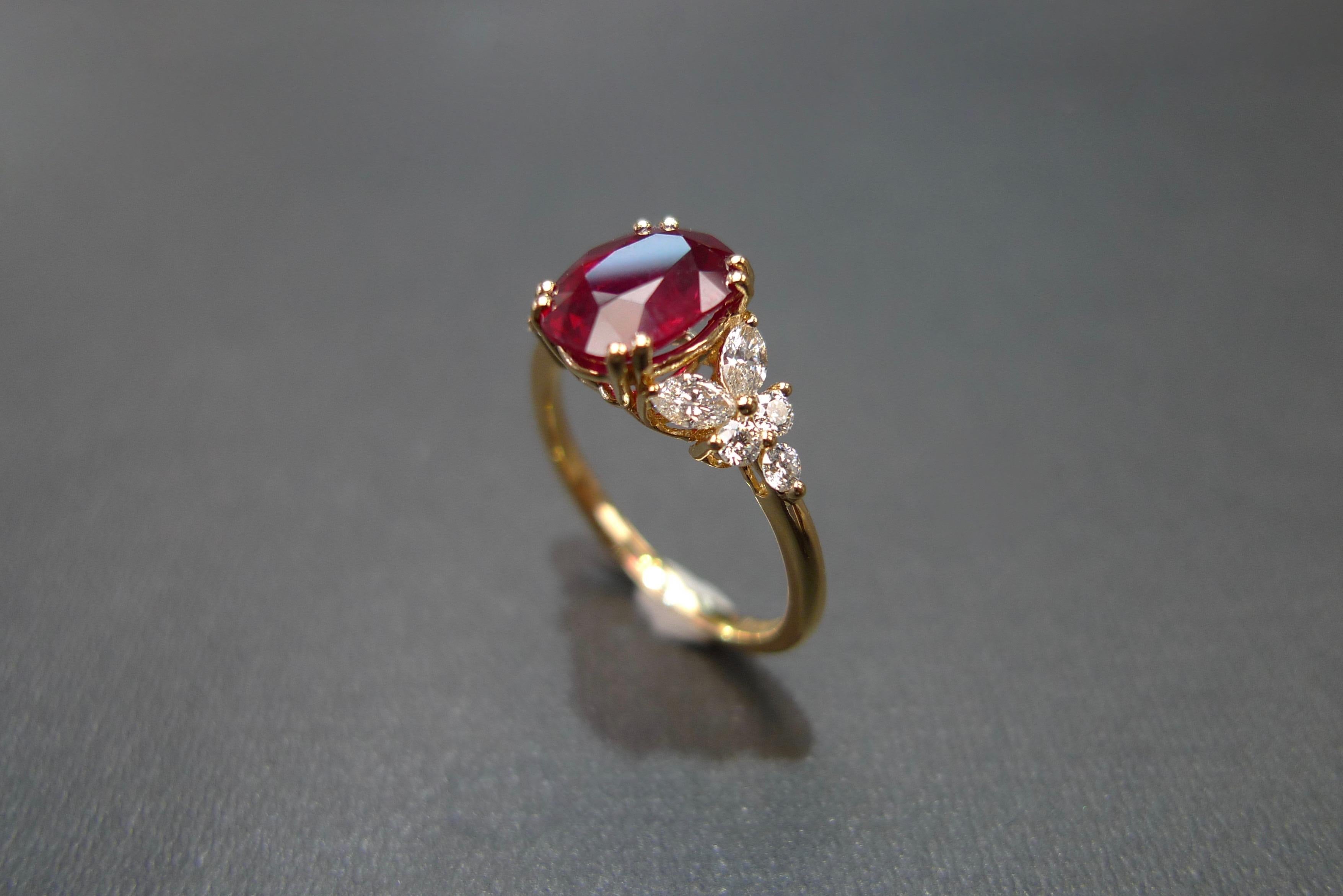 For Sale:  Pigeon Blood Oval Shape Ruby and Marquise Diamonds Engagement Ring Yellow Gold  8