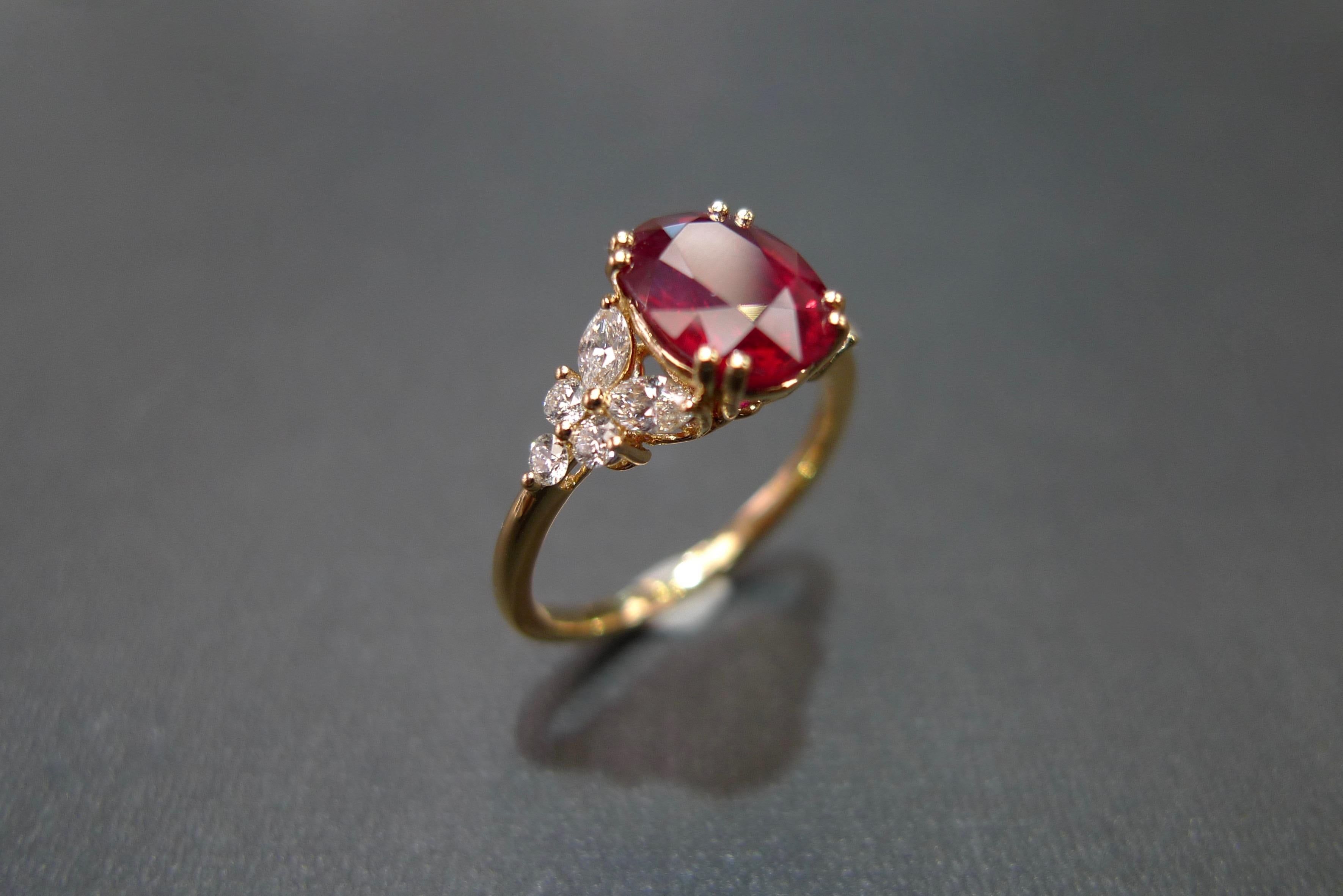 For Sale:  Pigeon Blood Oval Shape Ruby and Marquise Diamonds Engagement Ring Yellow Gold  9