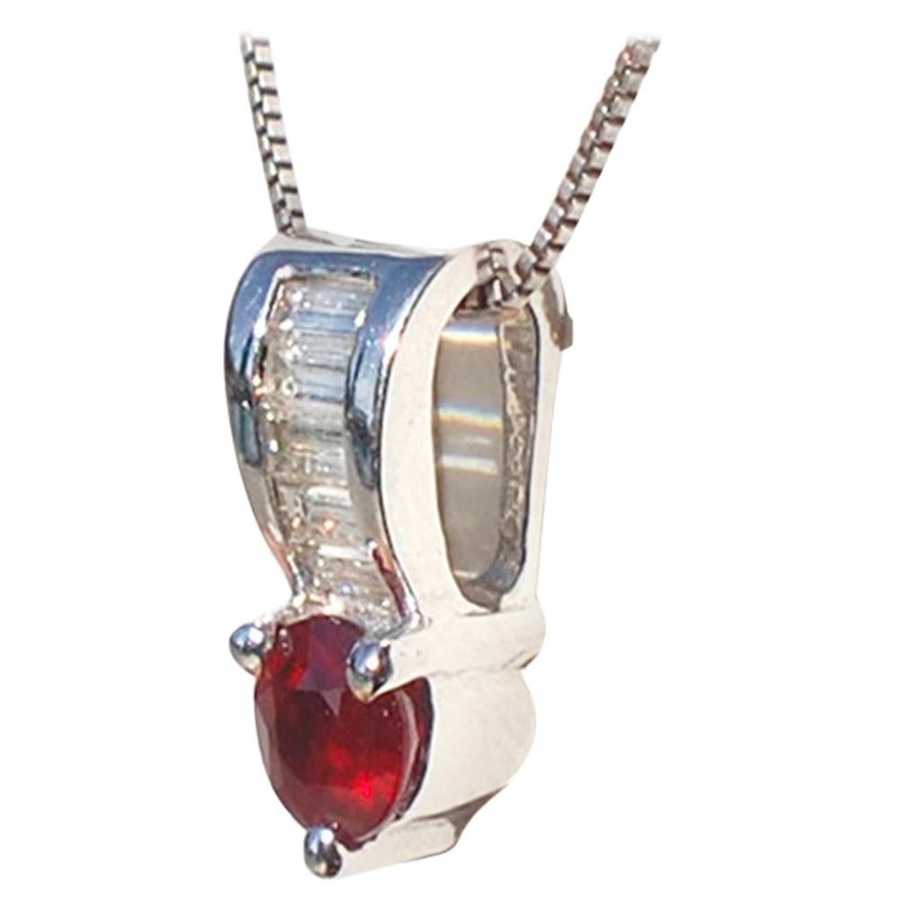 Pigeon Blood Ruby and Baguette Diamond, 18 Karat Pendant 1.00 Carat Total For Sale