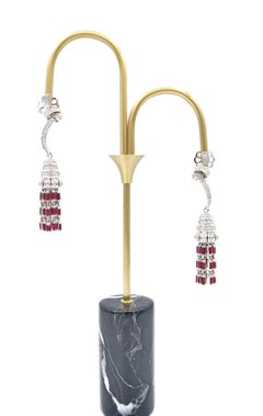 Baguette Ruby Diamond Dome Chandelier Earrings in 18K White Gold