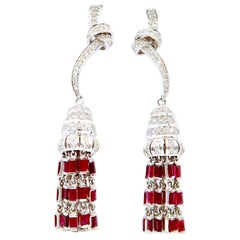 Baguette Ruby Diamond Dome Chandelier Earrings in 18K White Gold