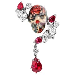 Pigeon Blood Ruby Diamonds White Gold Yellow Gold Earrings "Scull"