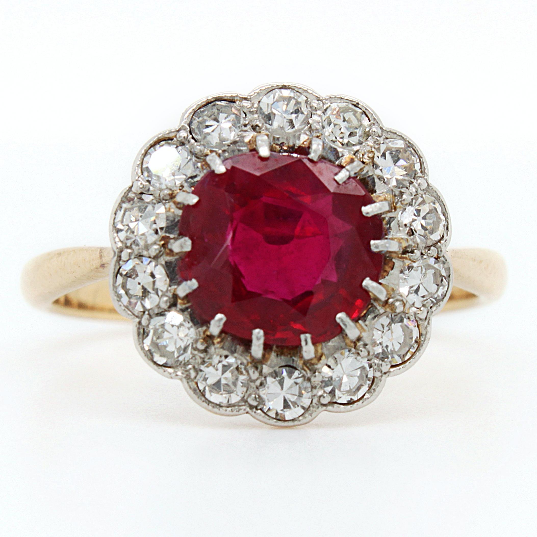 Pigeon Blood Ruby 'No Heat, Burma' and Diamond Cluster Ring, ca. 1900 For Sale 3