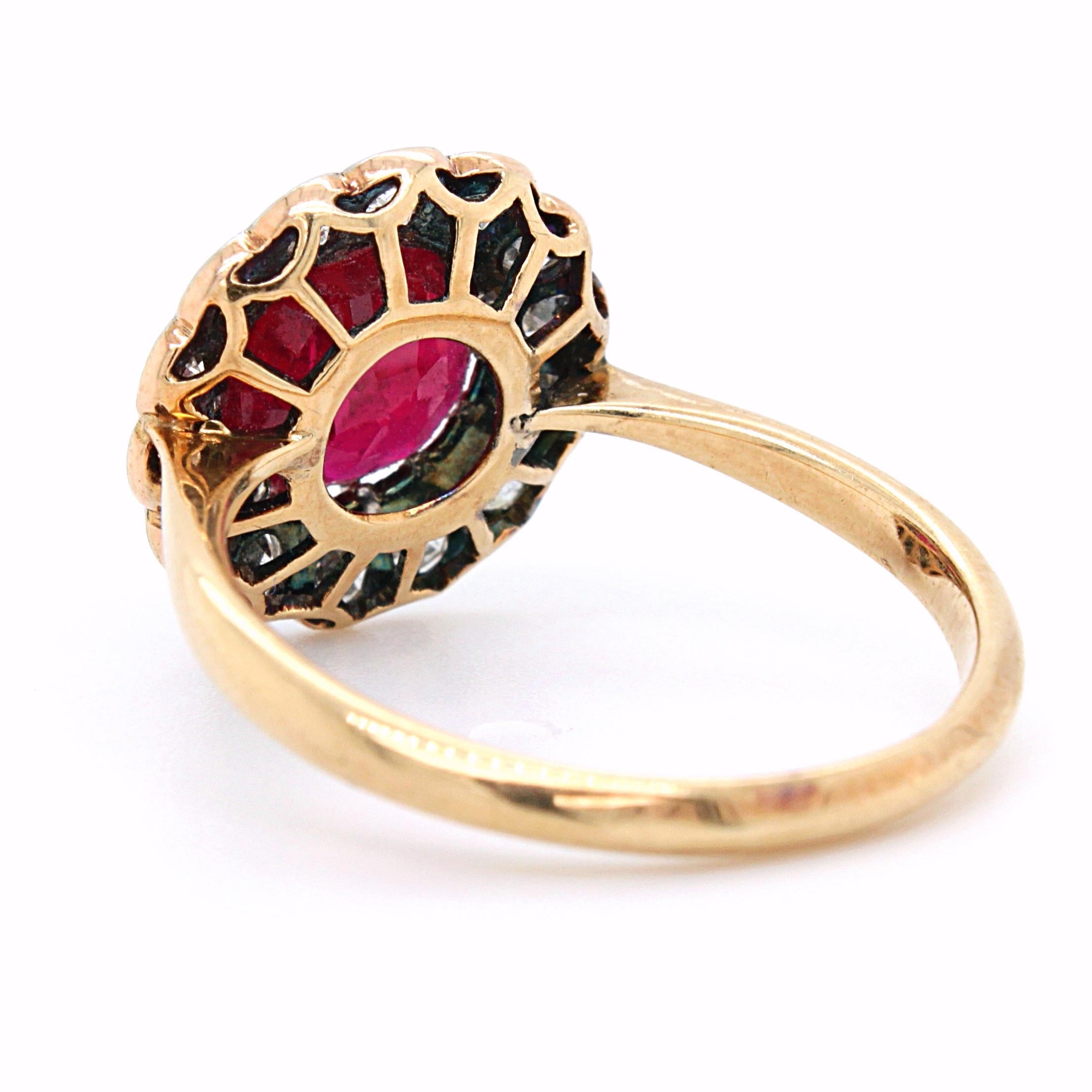 Late Victorian Pigeon Blood Ruby 'No Heat, Burma' and Diamond Cluster Ring, ca. 1900 For Sale