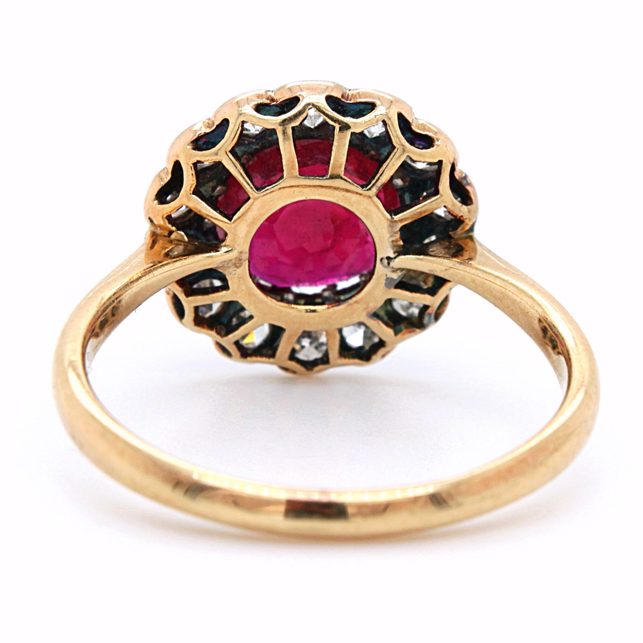 Antique Cushion Cut Pigeon Blood Ruby 'No Heat, Burma' and Diamond Cluster Ring, ca. 1900 For Sale