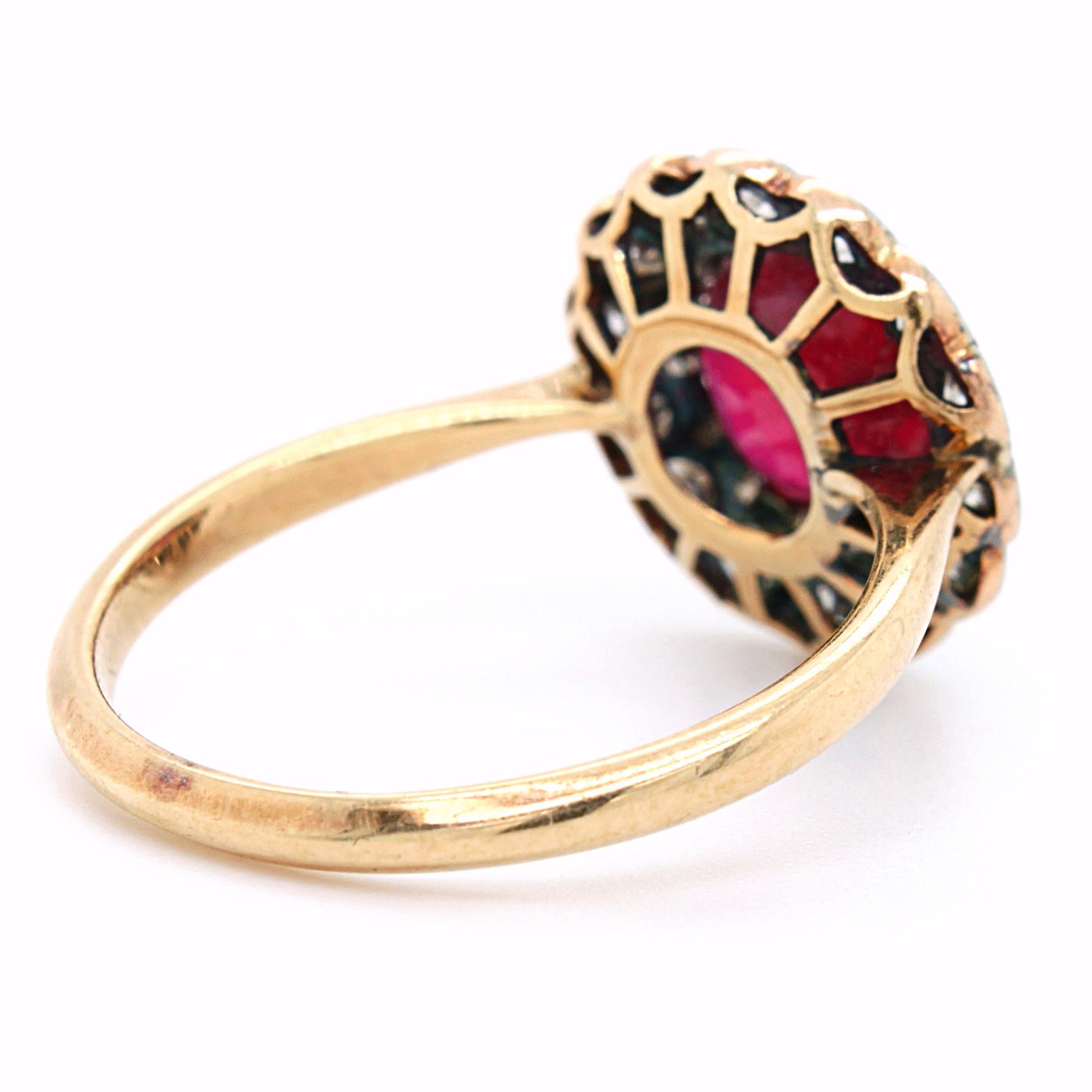 Women's or Men's Pigeon Blood Ruby 'No Heat, Burma' and Diamond Cluster Ring, ca. 1900 For Sale