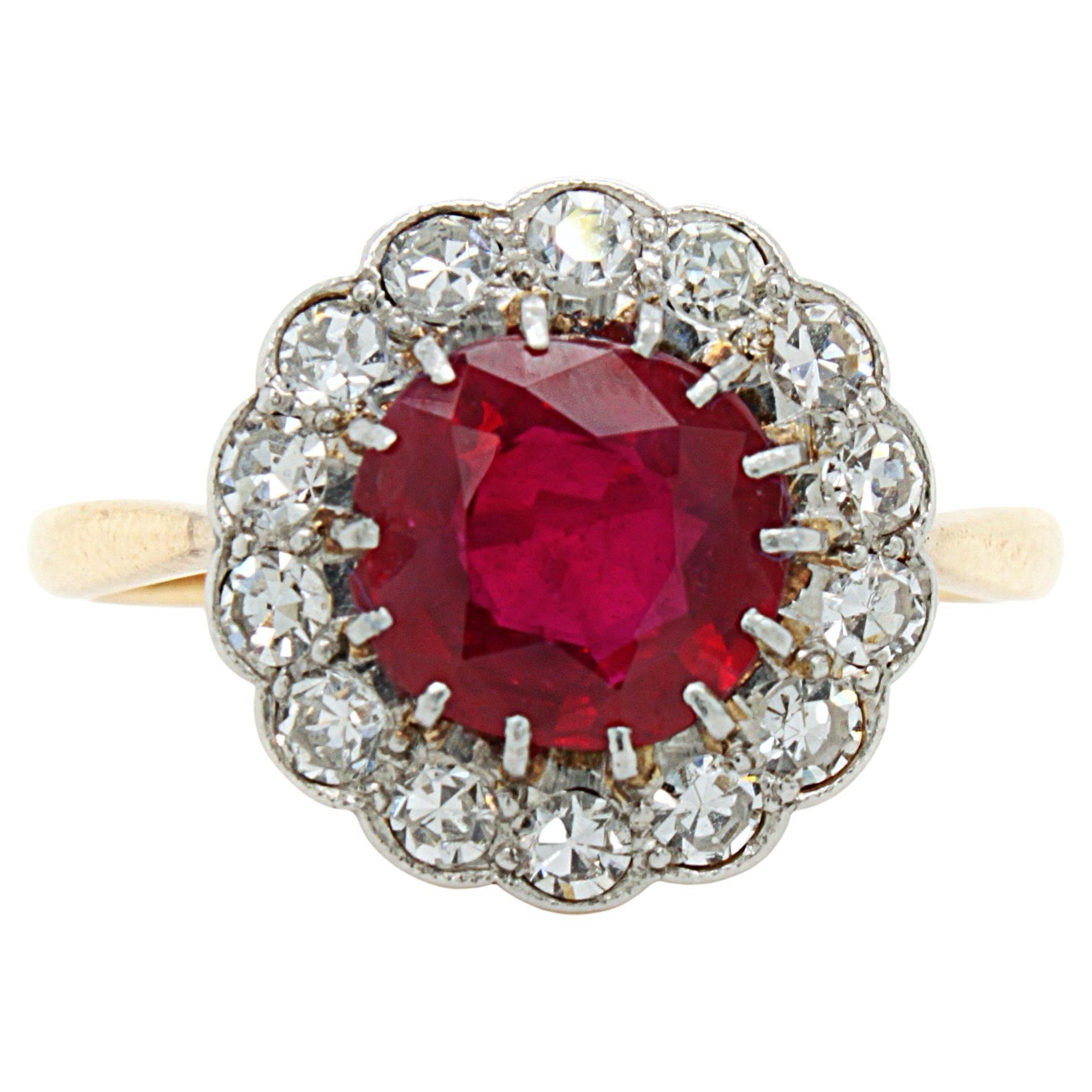 Pigeon Blood Ruby 'No Heat, Burma' and Diamond Cluster Ring, ca. 1900 For Sale