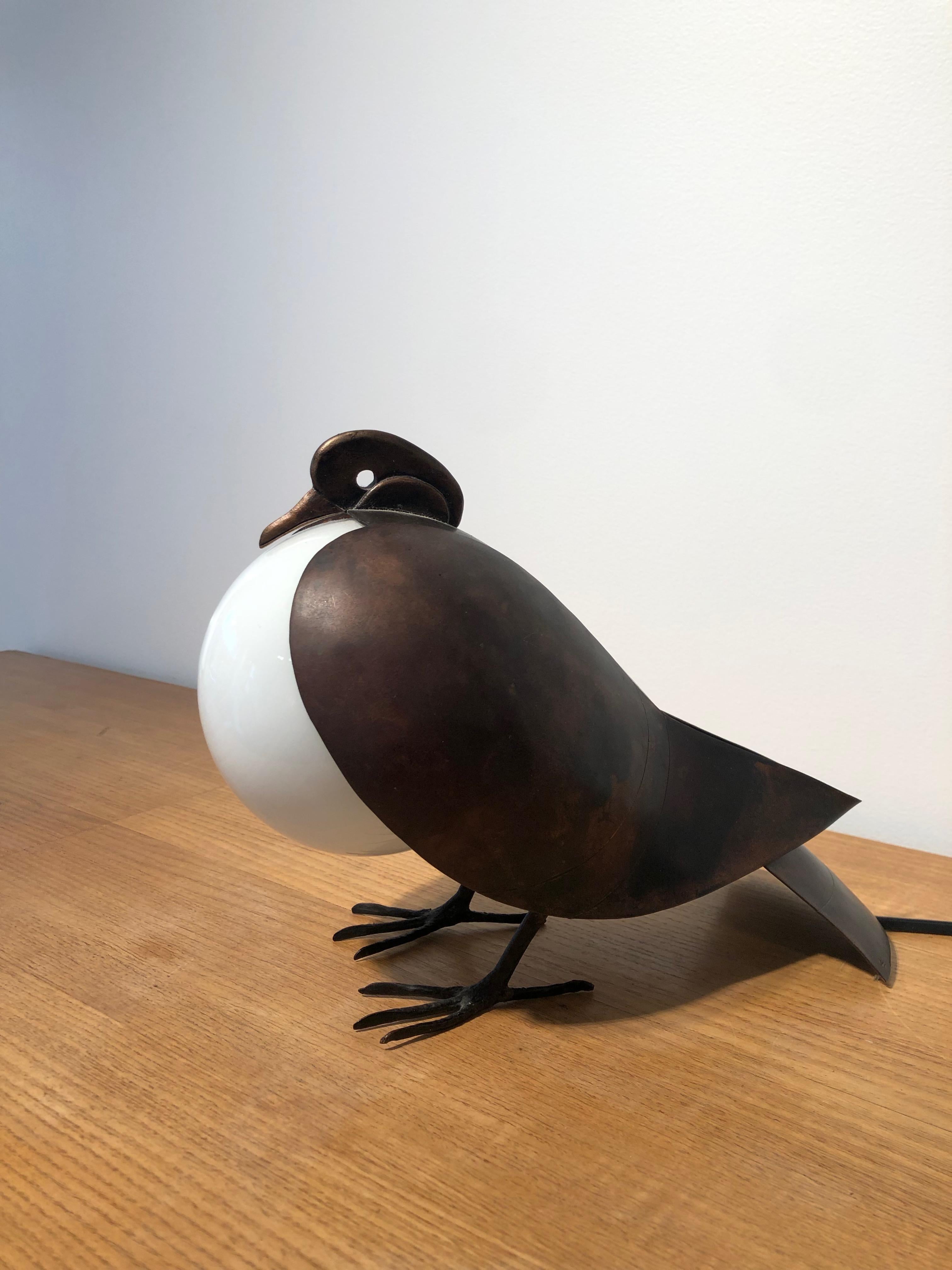 Late 20th Century 90's François-Xavier Lalanne's “Pigeon” Bronze and Opaline Glass Table Lamp