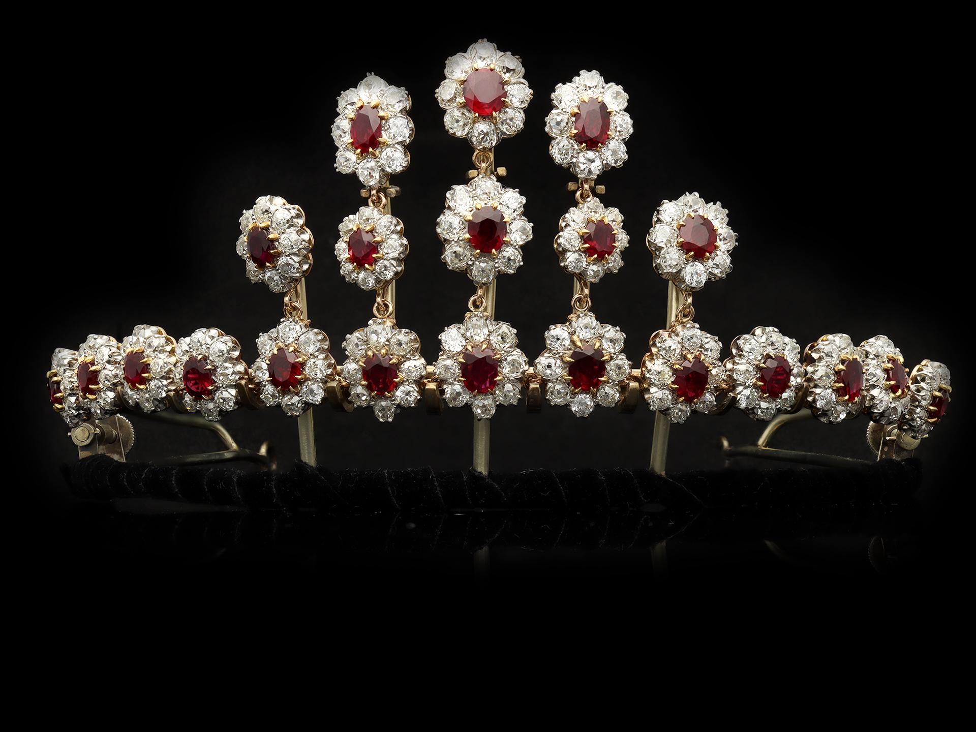 Pigeon's Blood Burmese Ruby and Diamond Necklace/Tiara, circa 1915 For Sale 2